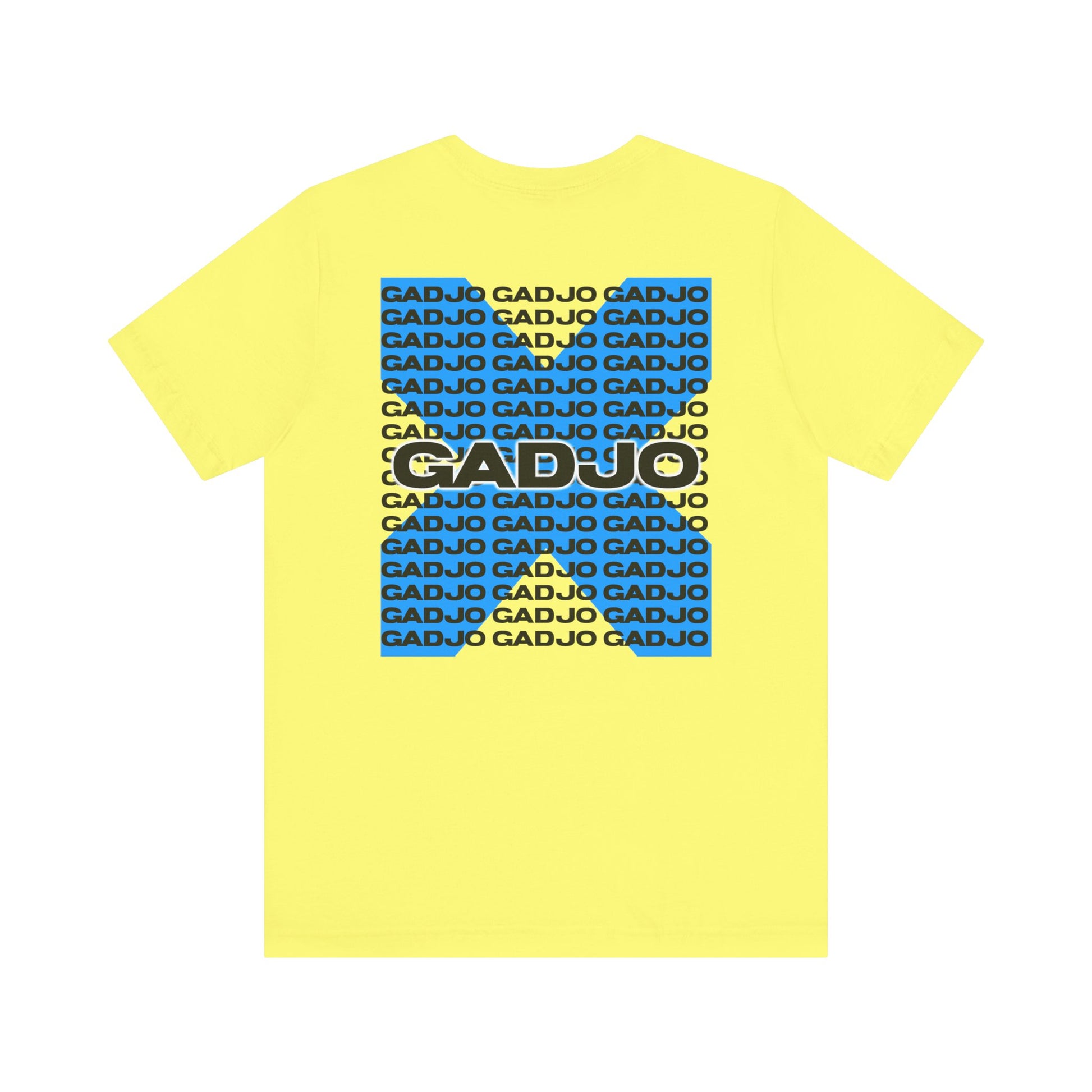 Box-cut t-shirt with layered GADJO text repeated in soft shades like a shadow effect.