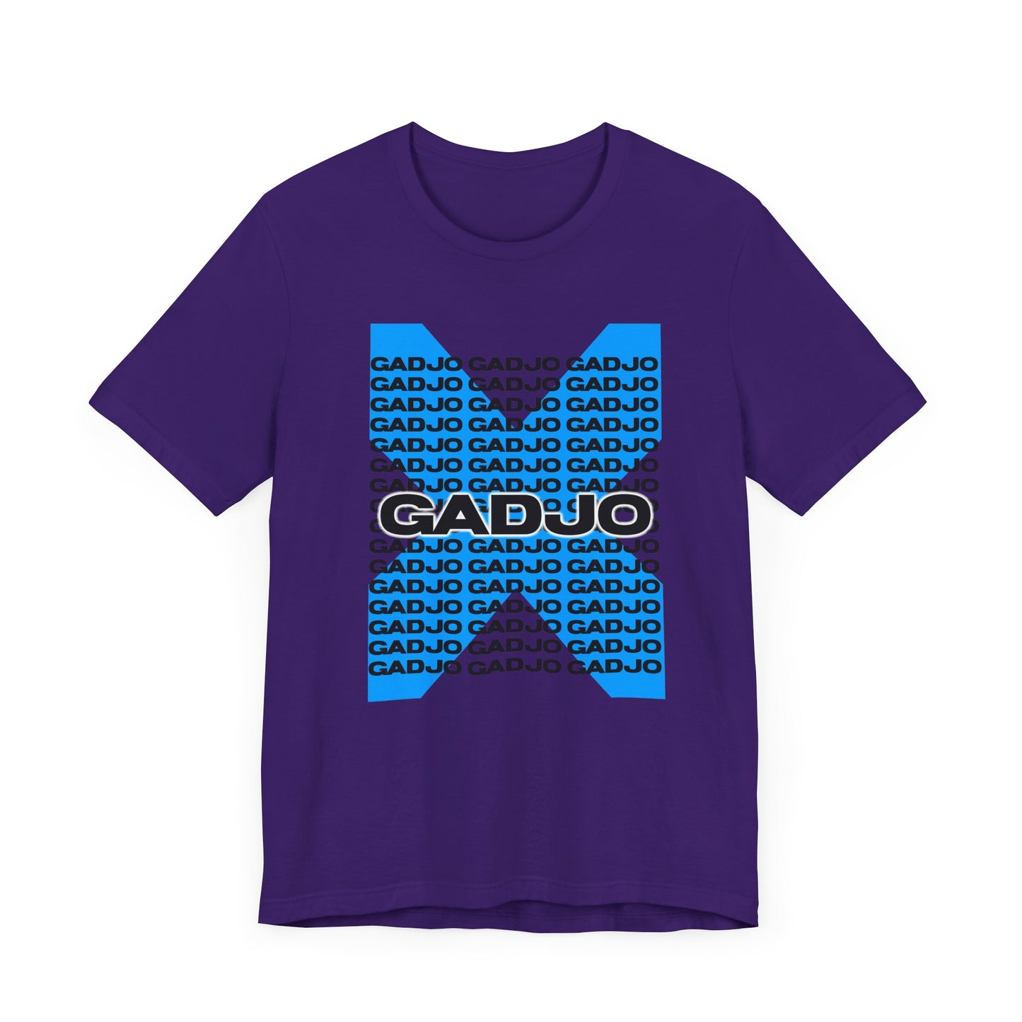 White tee with GADJO text written in brushstroke calligraphy, accented with golden foil edges.