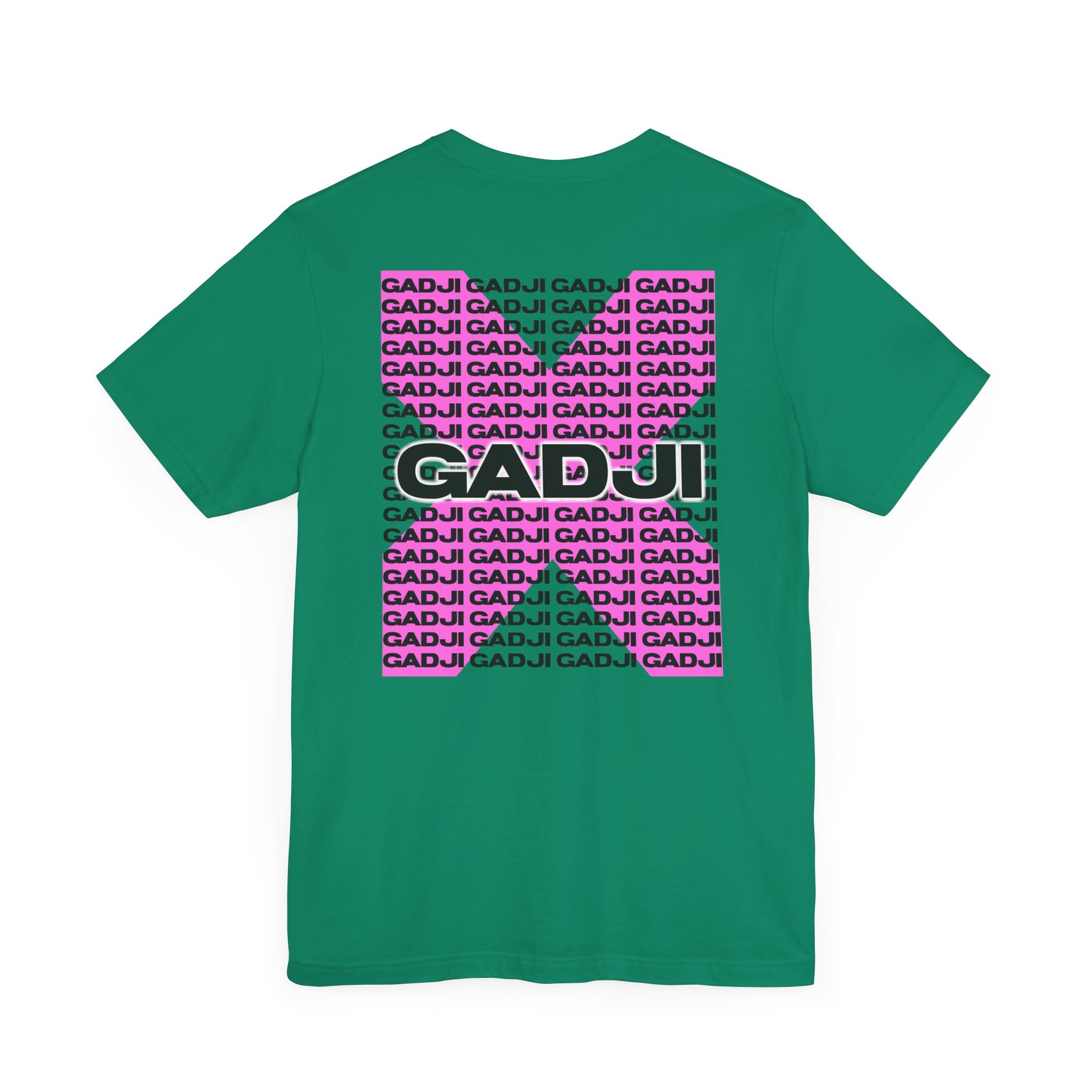 T-shirt with bold GADJI text accented by subtle scrollwork patterns inspired by Roman architecture.