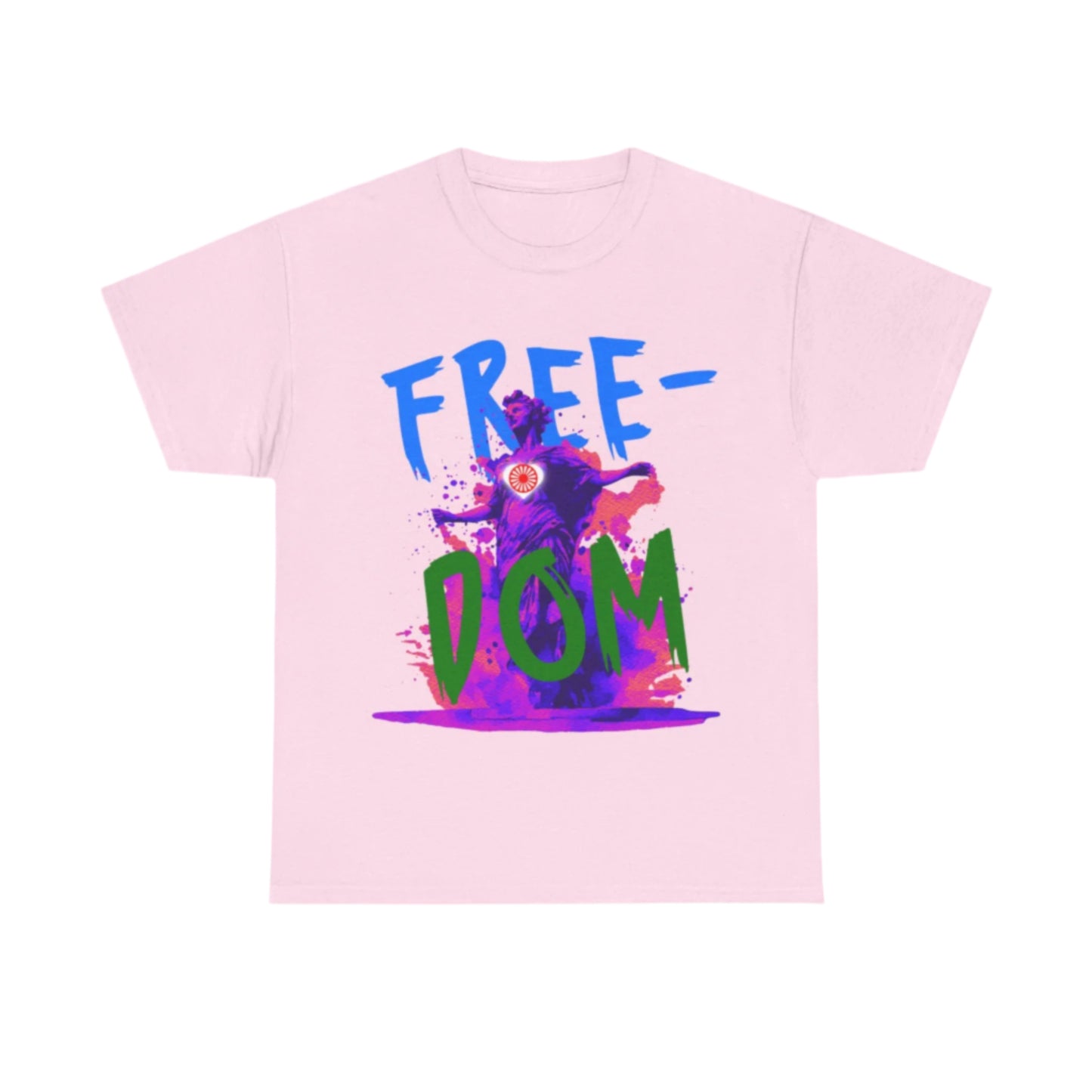 Statement t-shirt featuring a centered statue motif and stylized “FREEDOM” lettering.