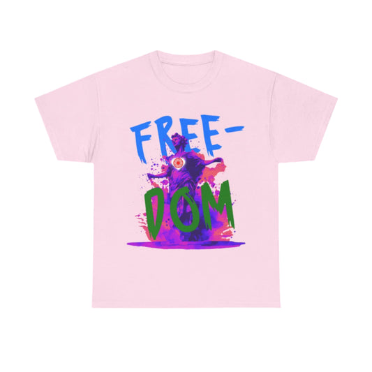 Statement t-shirt featuring a centered statue motif and stylized “FREEDOM” lettering.
