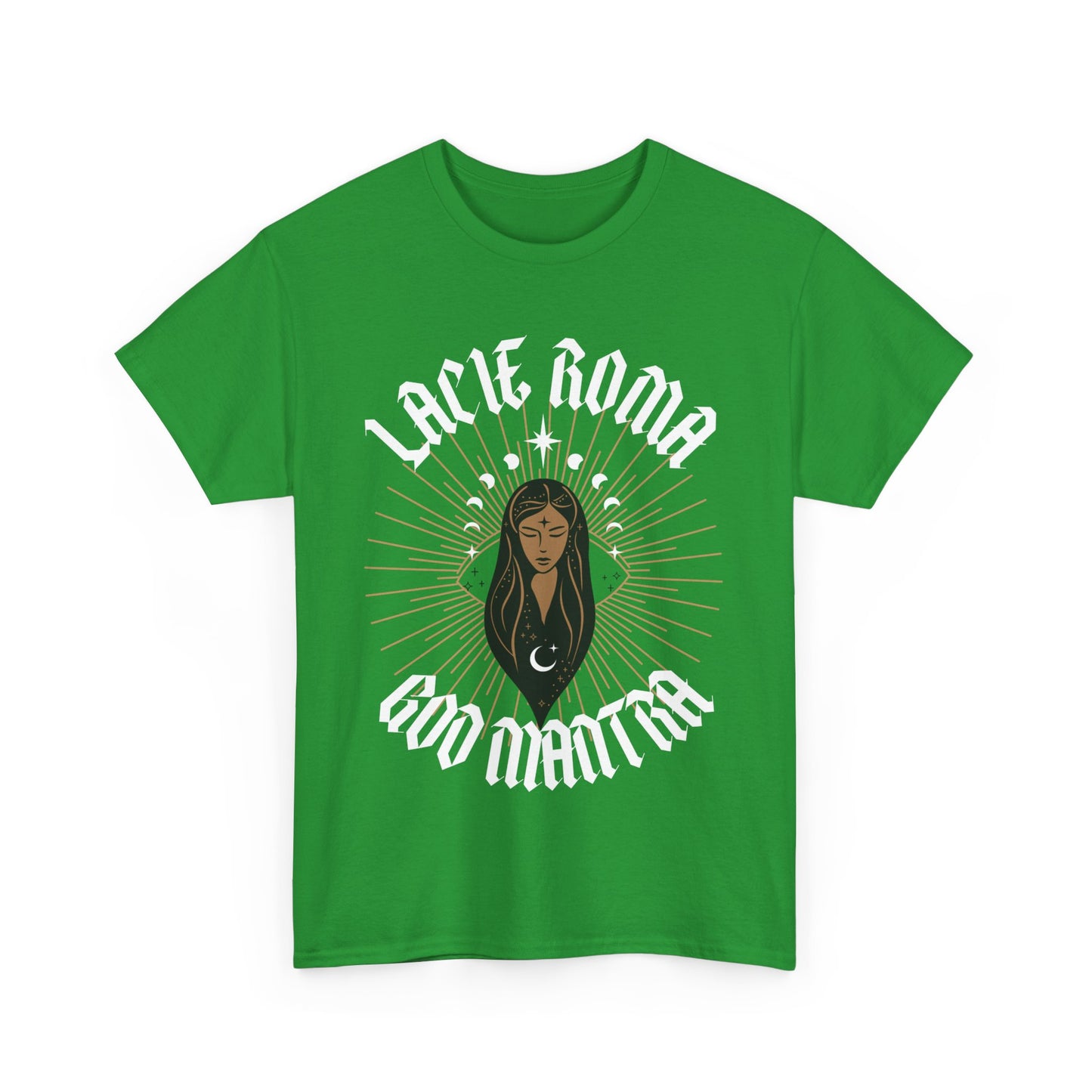Short sleeve t-shirt featuring a central illustration of a serene girl with sun rays radiating behind her, surrounded by a moon and stars motif, with the text 'LACIE ROMA' above and 'GOO Mantra' below.