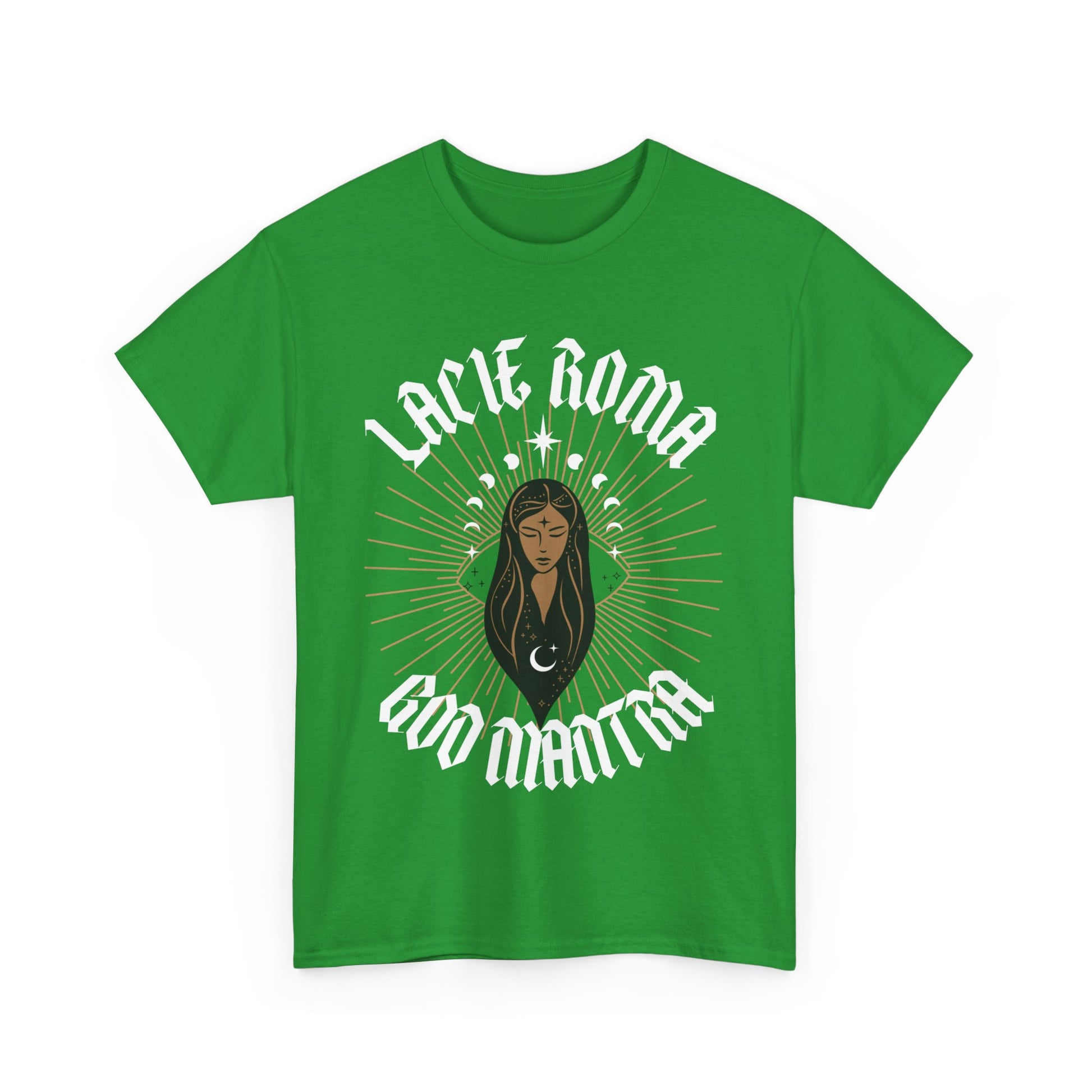 Short sleeve t-shirt featuring a central illustration of a serene girl with sun rays radiating behind her, surrounded by a moon and stars motif, with the text 'LACIE ROMA' above and 'GOO Mantra' below.