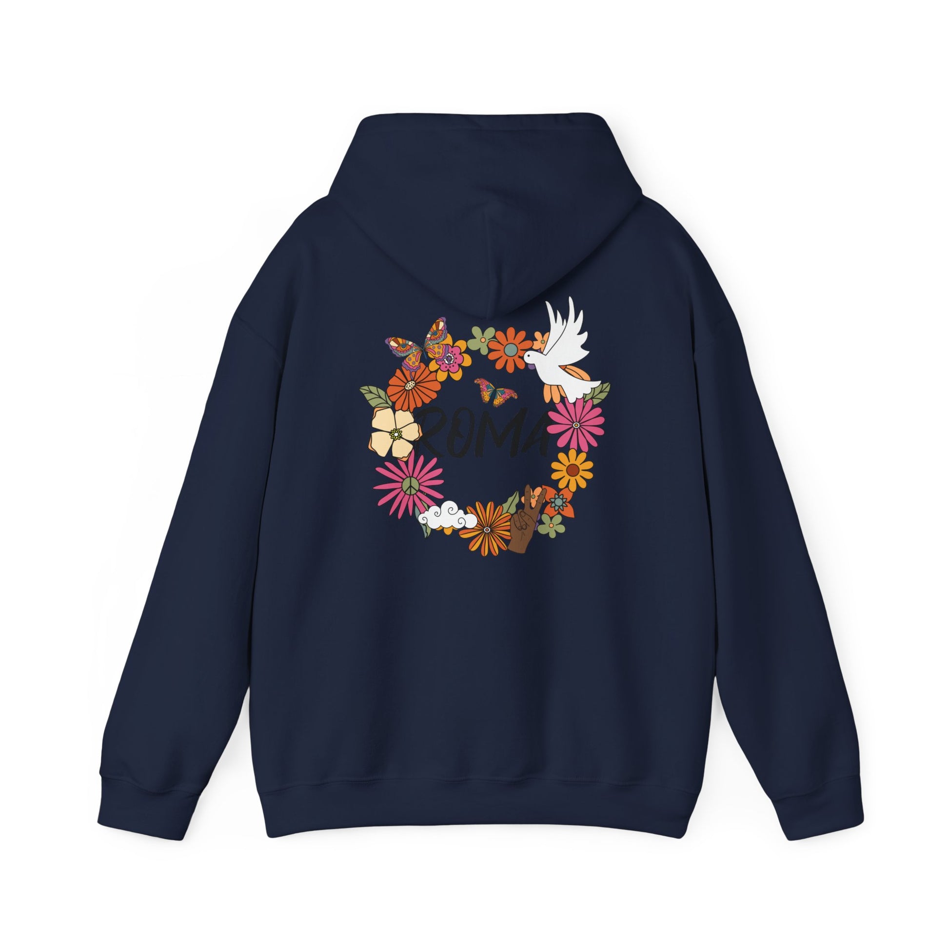 Hoodie showcasing “ROMA” text surrounded by blooming flowers in a circle, accented by a dove in the center.