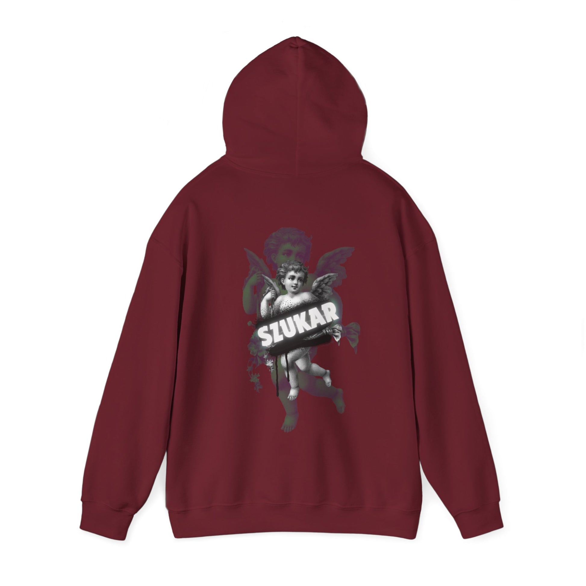 Soft streetwear hoodie featuring a celestial angel figure and stylized SZUKAR text design.