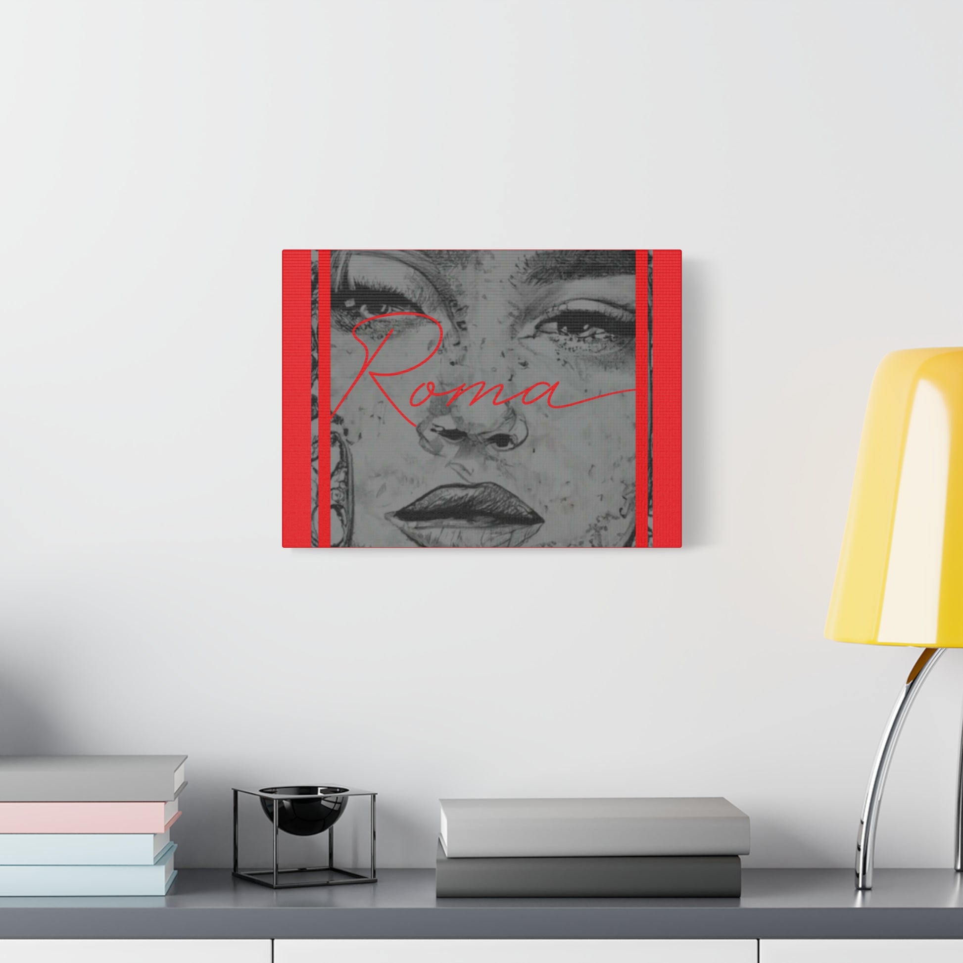Minimalist yet powerful canvas of a young girl’s close-up, her eyes wet with emotion, and ROMA text grounded in clarity.