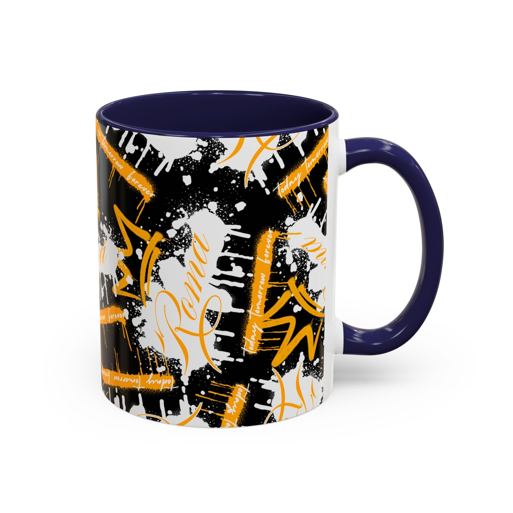 Coffee cup adorned with ROMA lettering along the side in a vertical layout.
