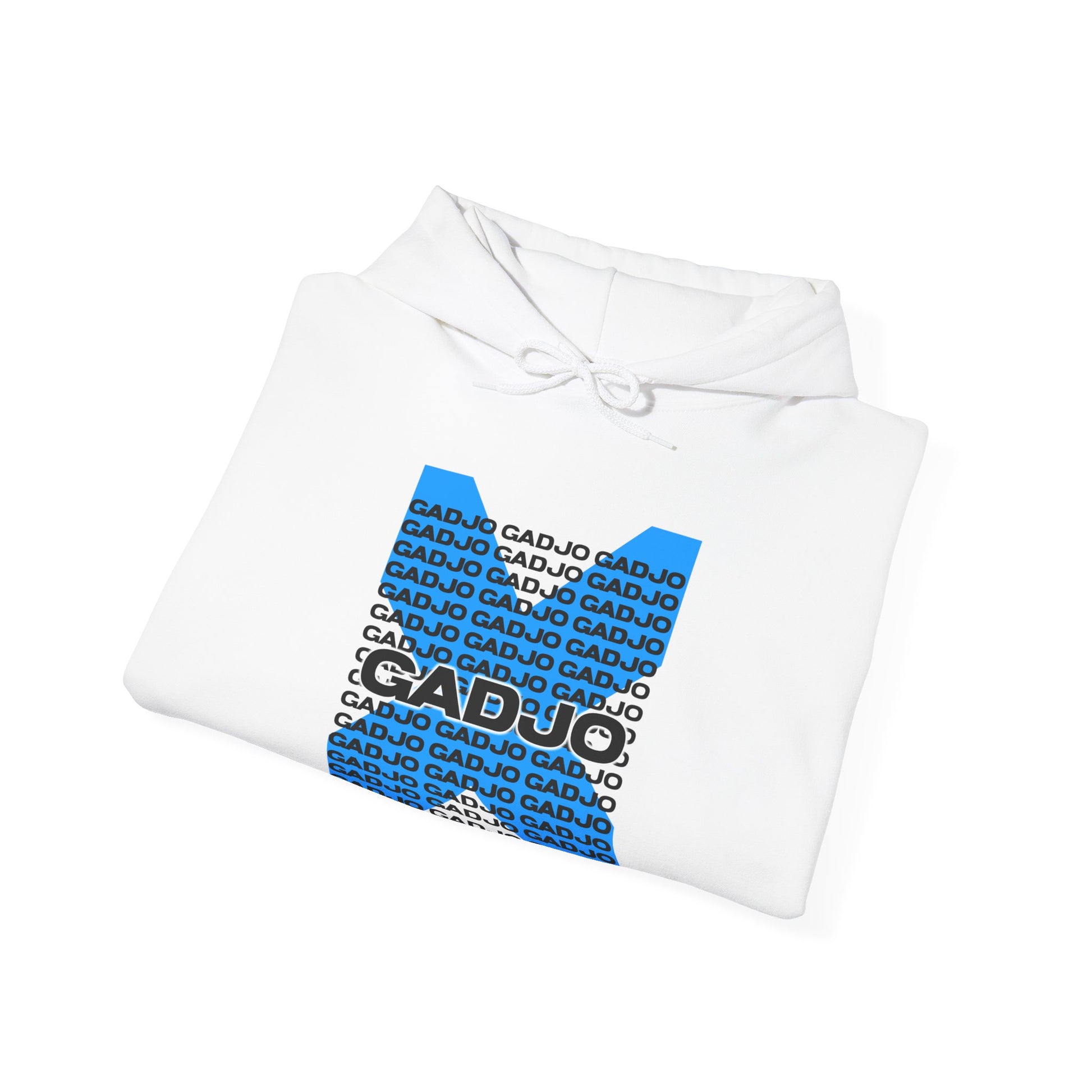 Contemporary hoodie with “GADJO” printed in large serif font and a subtle shadow backdrop.

