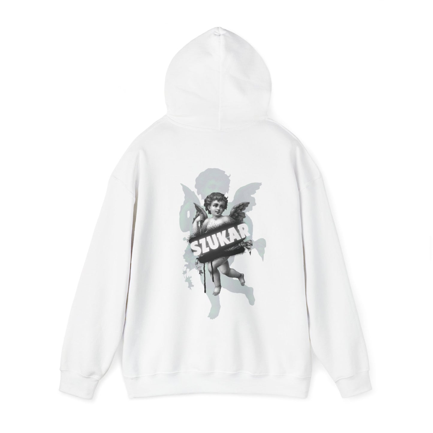 Angel-themed hoodie with glowing backlight around the figure and ‘SZUKAR’ engraved on the sleeve.
