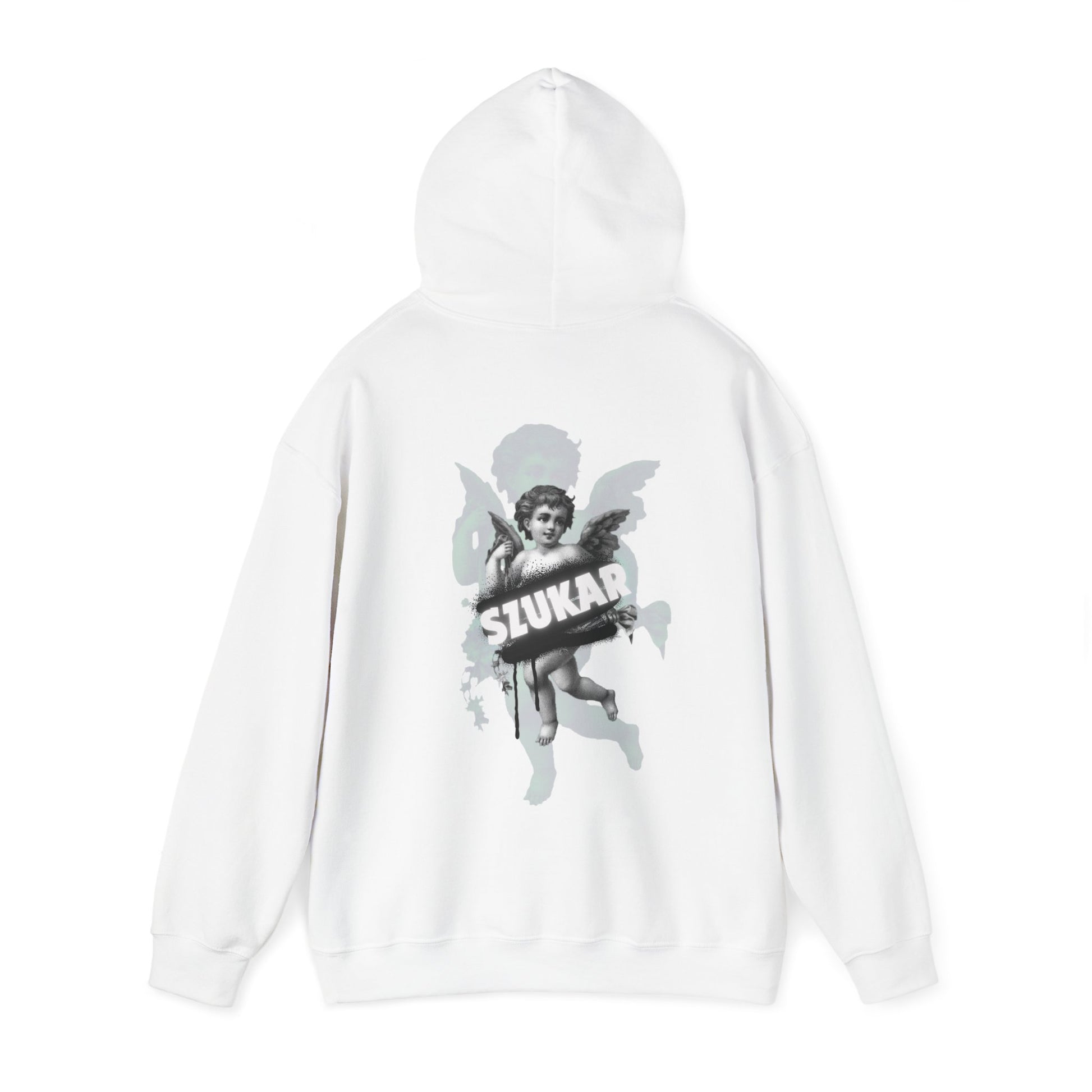 Angel-themed hoodie with glowing backlight around the figure and ‘SZUKAR’ engraved on the sleeve.