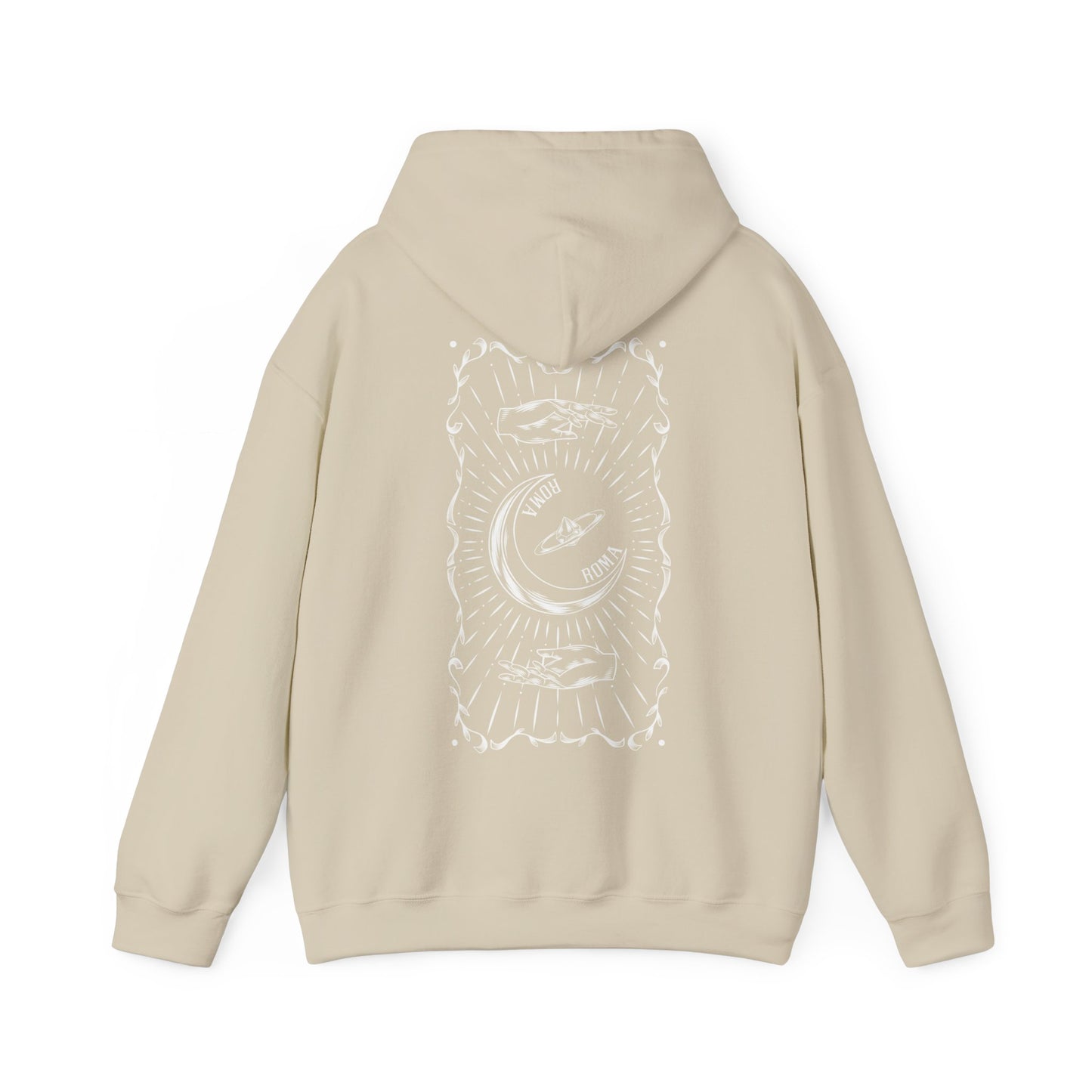 Soft ash gray hoodie with clean half-moon logo and ROMA inscription