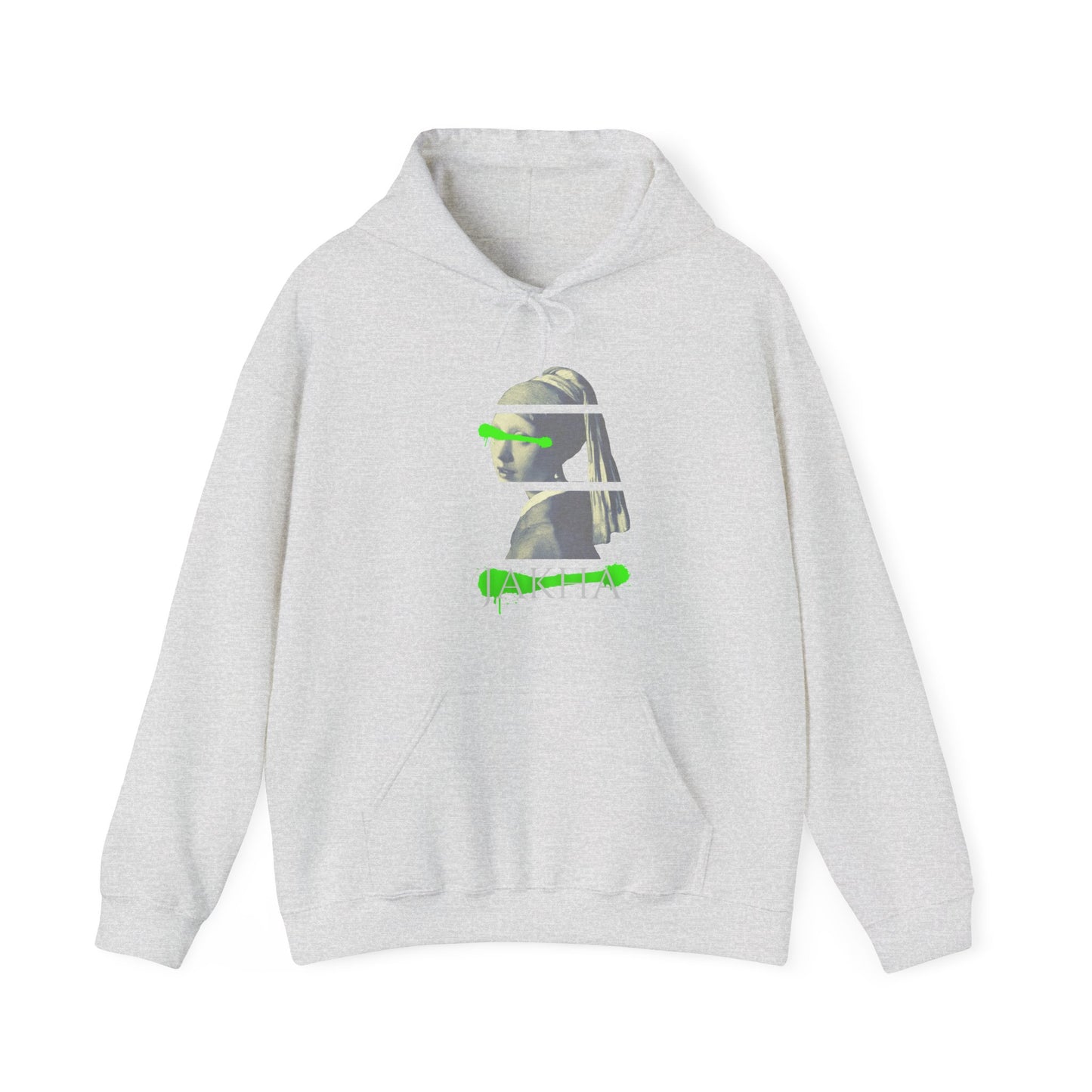 Bold streetwear hoodie with an illustrated Roma girl surrounded by cultural motifs and soft, moody tones.

