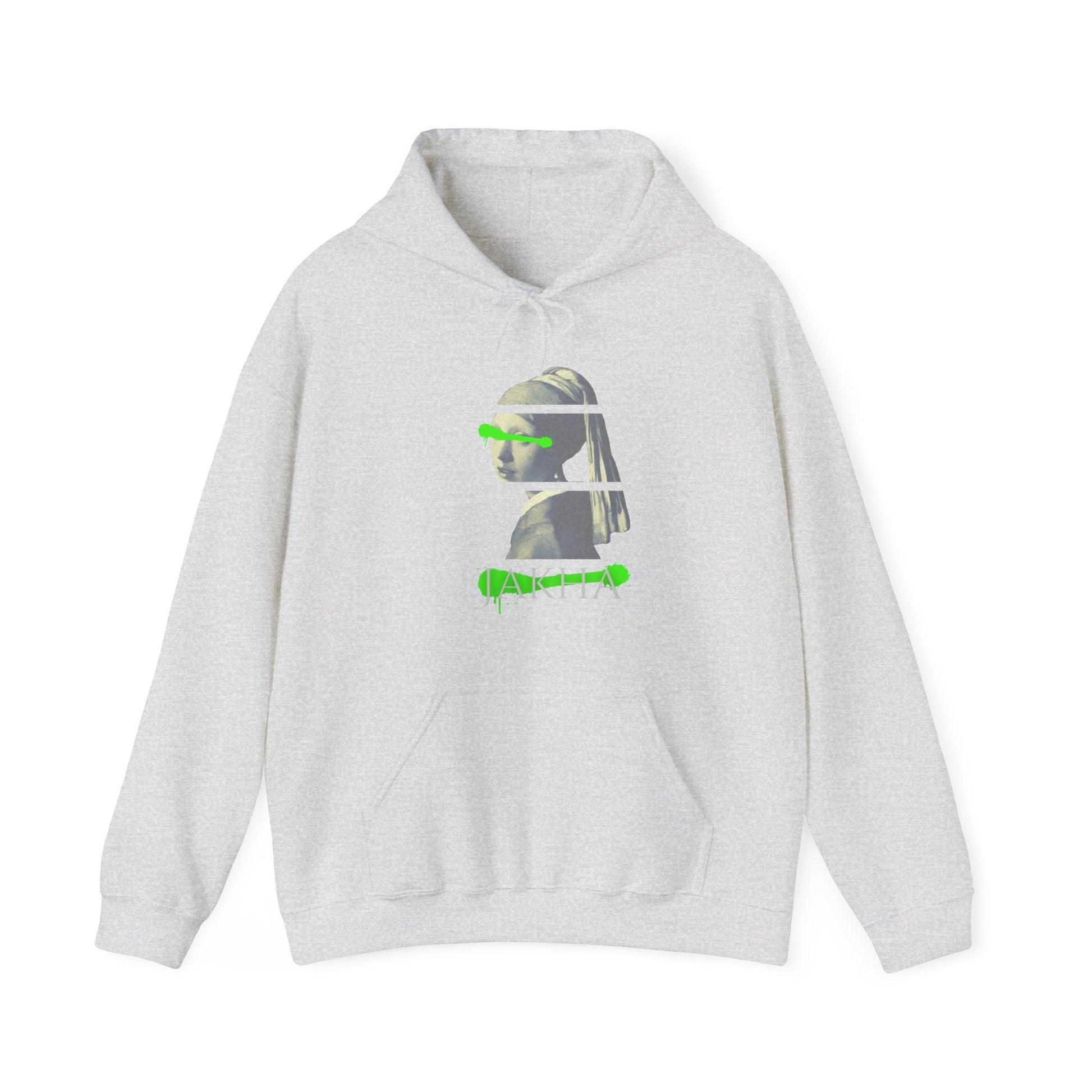 Bold streetwear hoodie with an illustrated Roma girl surrounded by cultural motifs and soft, moody tones.

