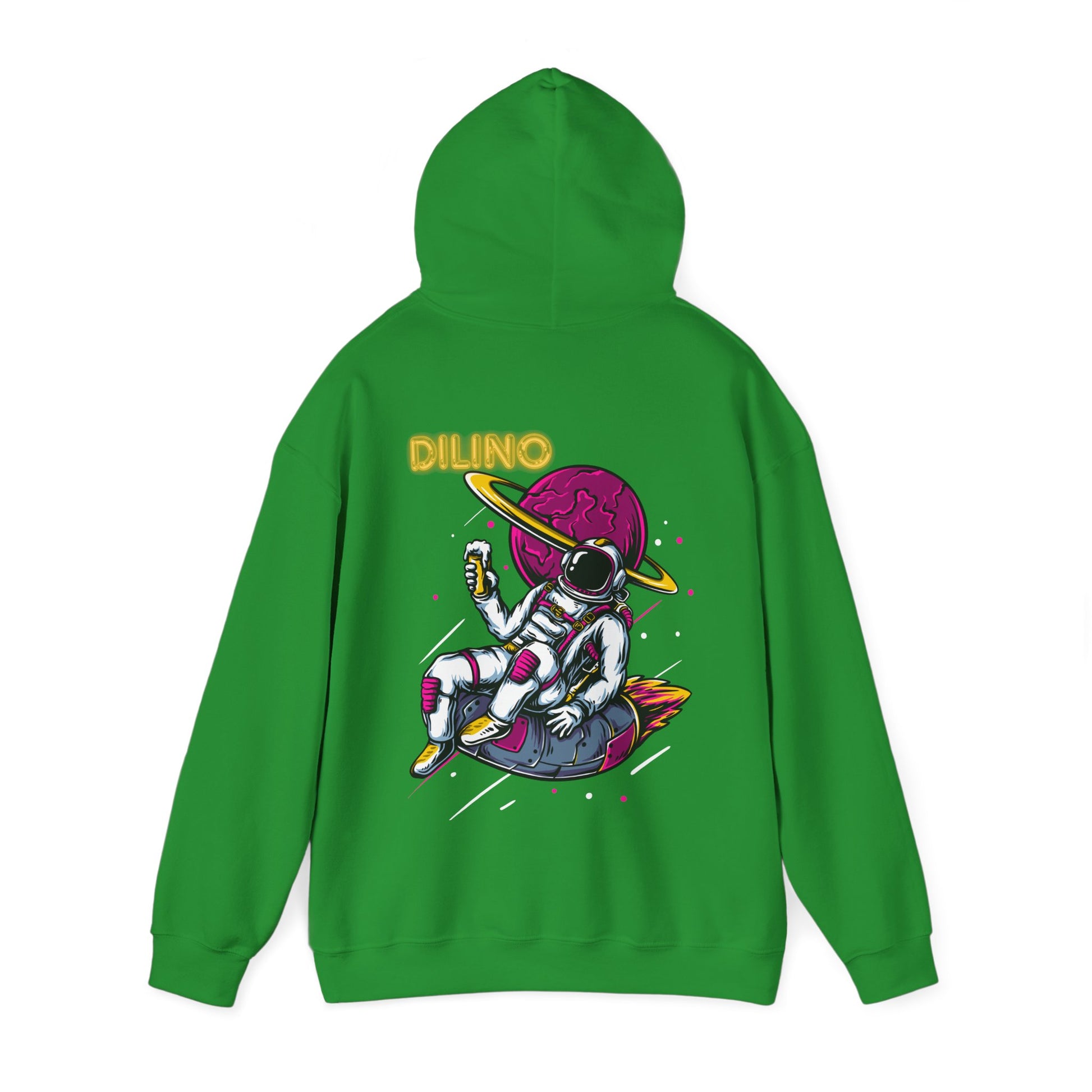 Trendy hoodie with a close-up moon, lone astronaut reaching upward, and minimalist “DILINO” beneath.

