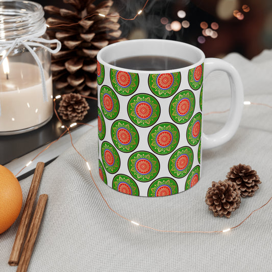 Sleek white mug featuring custom Szukar Roma design for modern coffee vibes.