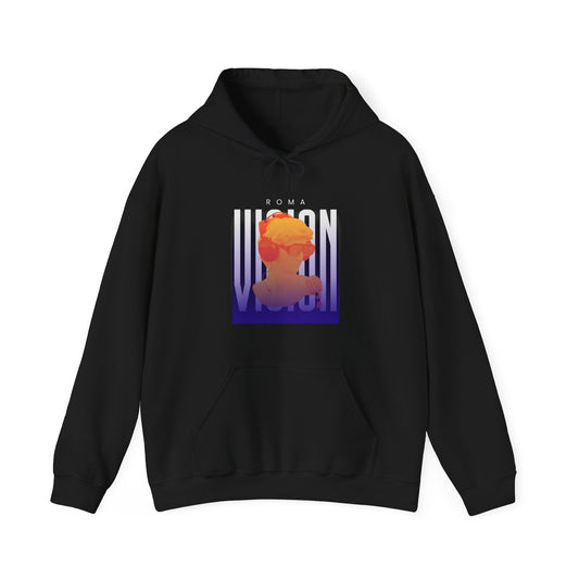 Cozy hoodie with ‘ROMA’ lettering, a vibrant girl graphic, and a subtle ‘VISION’ word layered behind.