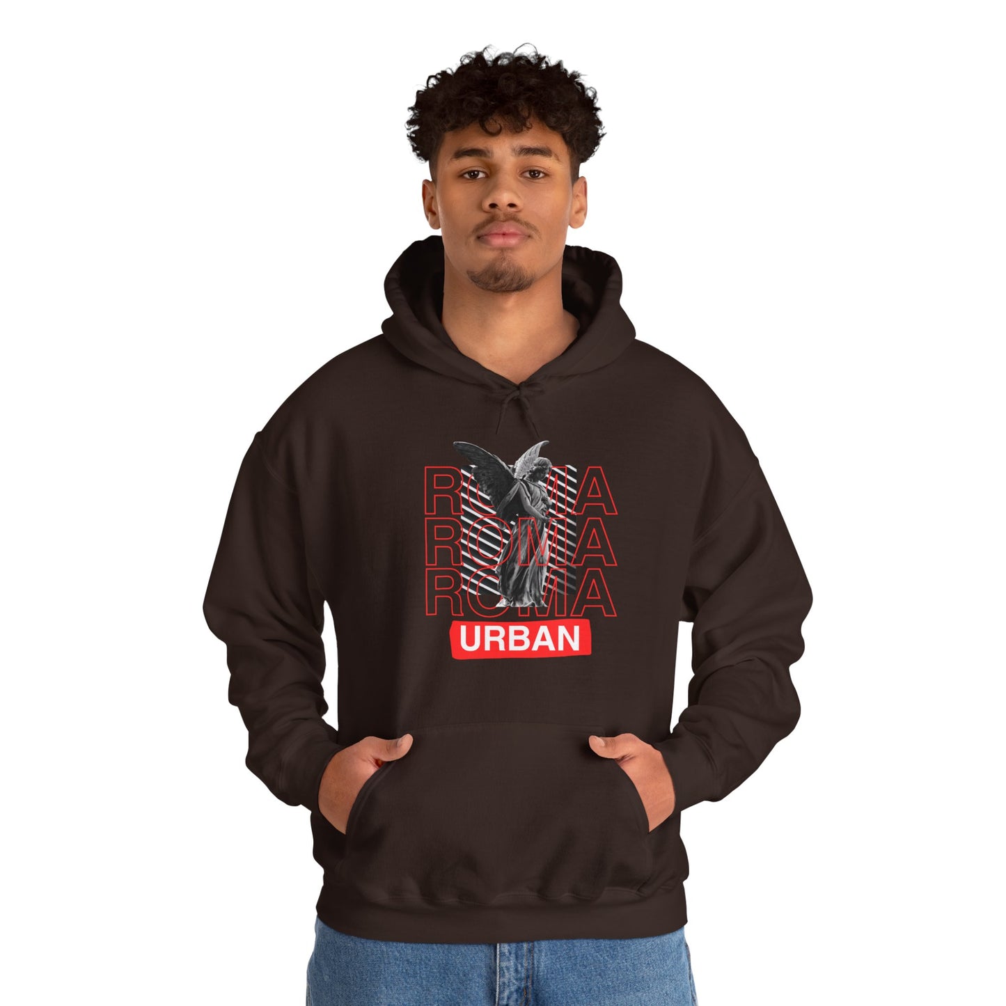 Statement hoodie design—ROMA word mark with statue overlay and minimalist “URBAN” text below.
