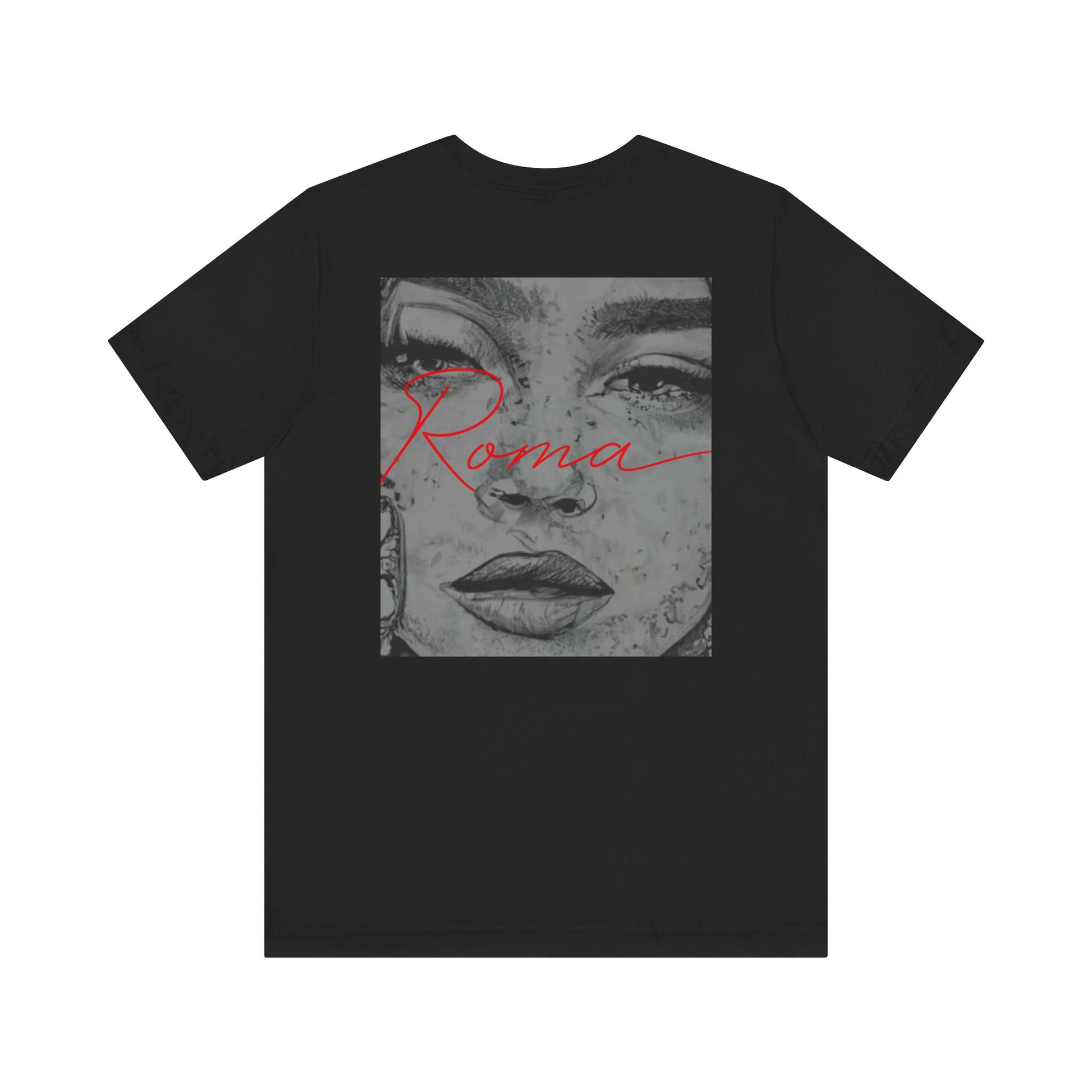 T-shirt design featuring GADJO text inside a painted oval frame with metallic brush textures.