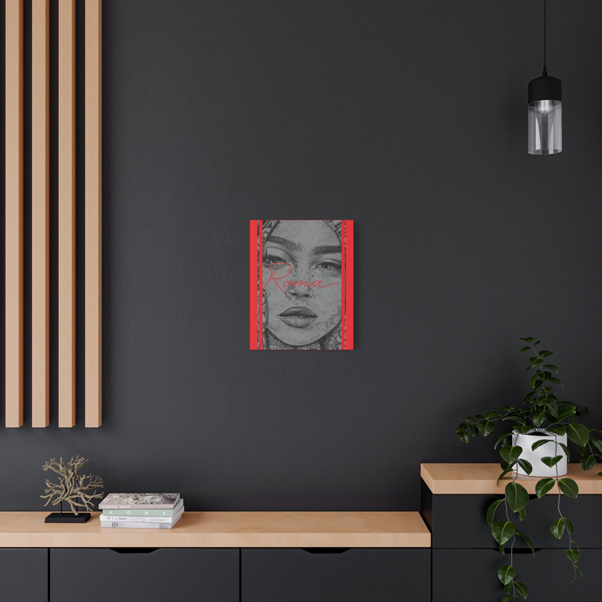 Statement canvas print of a young girl caught in a quiet moment of emotion, with ROMA text etched beside her features.