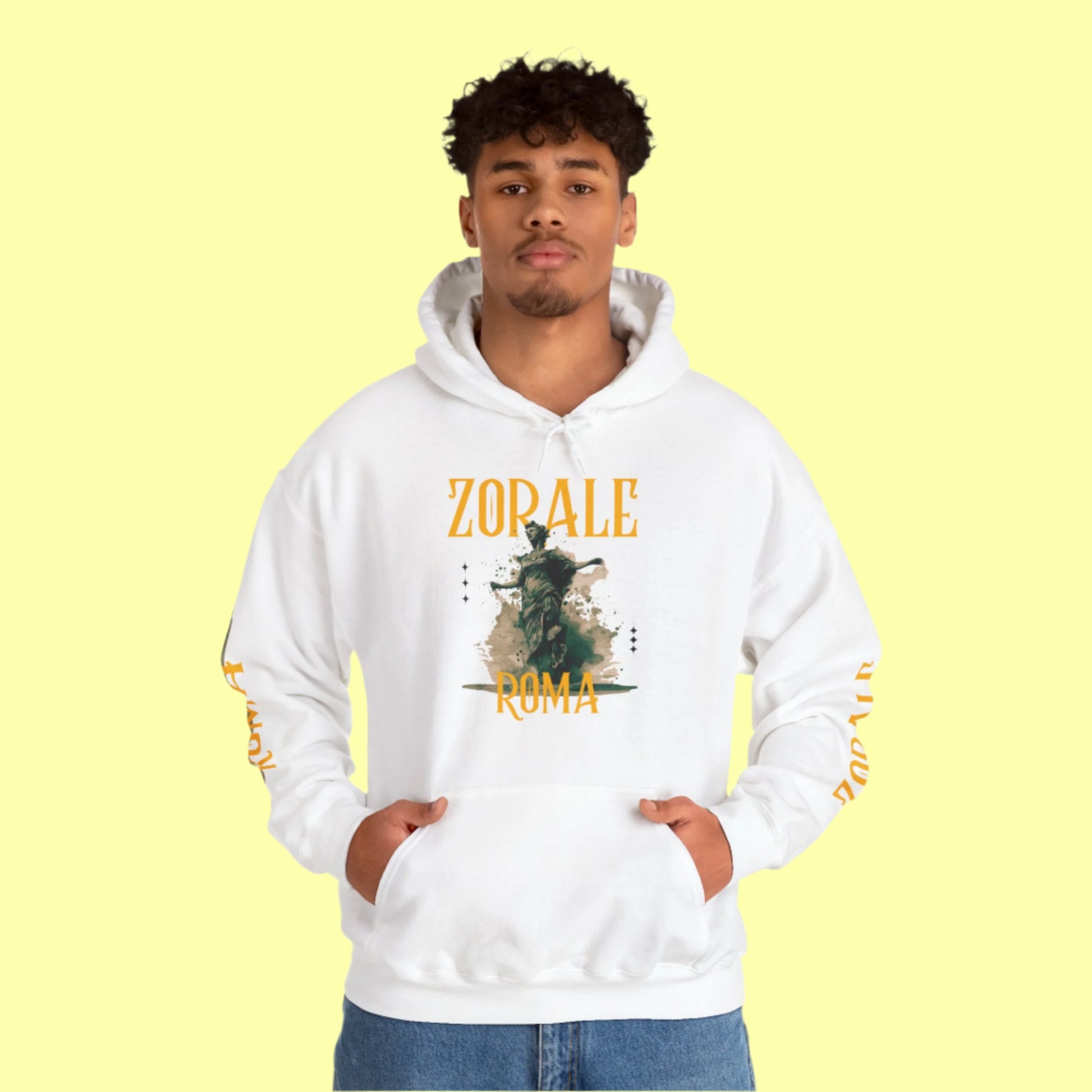 Person wearing a white hoodie with 'Zorale Roma' design on a yellow background