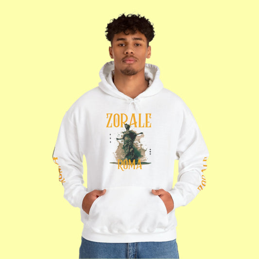 Person wearing a white hoodie with 'Zorale Roma' design on a yellow background