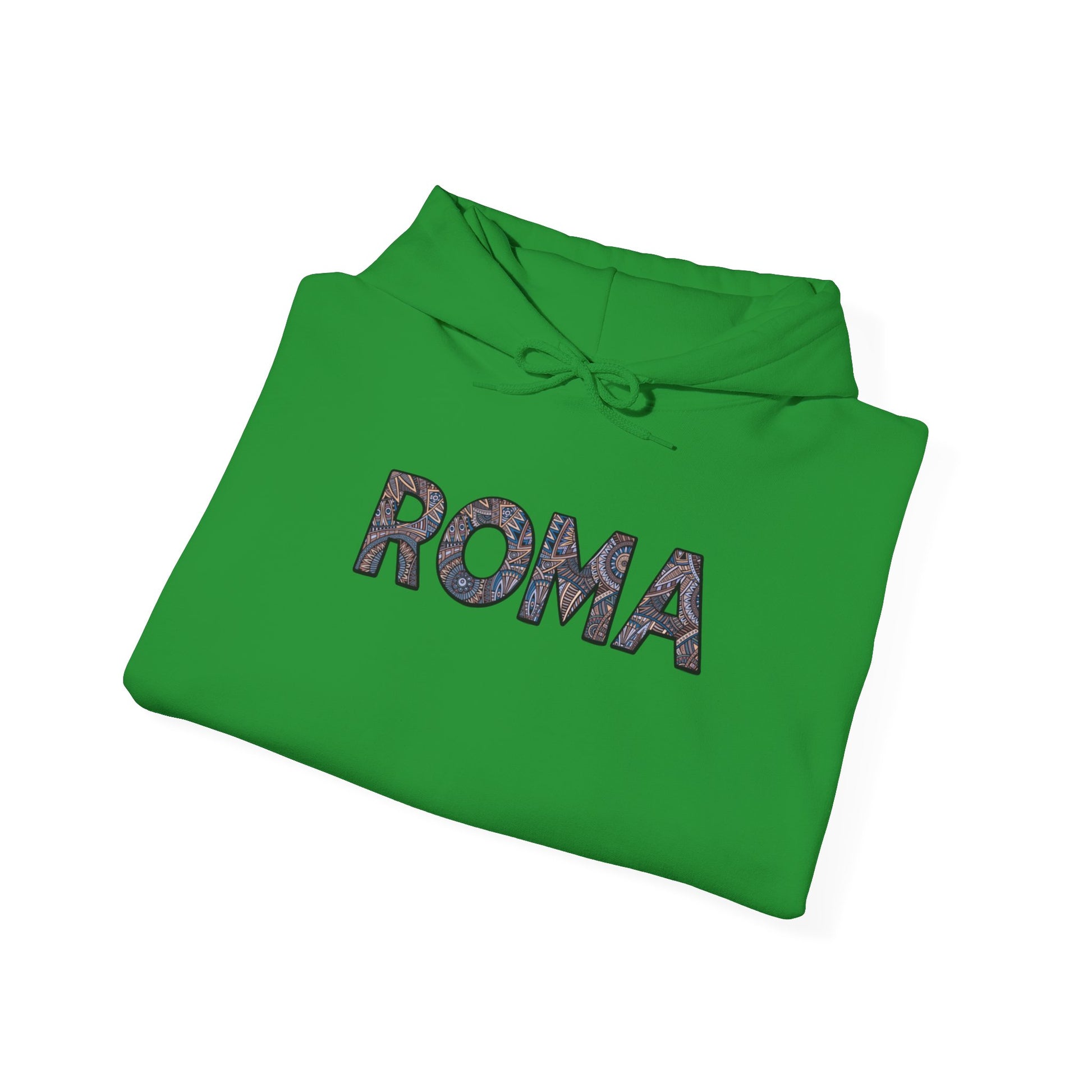 Minimalist men’s hoodie enhanced by the cultural touch of bold ROMA print across the front.