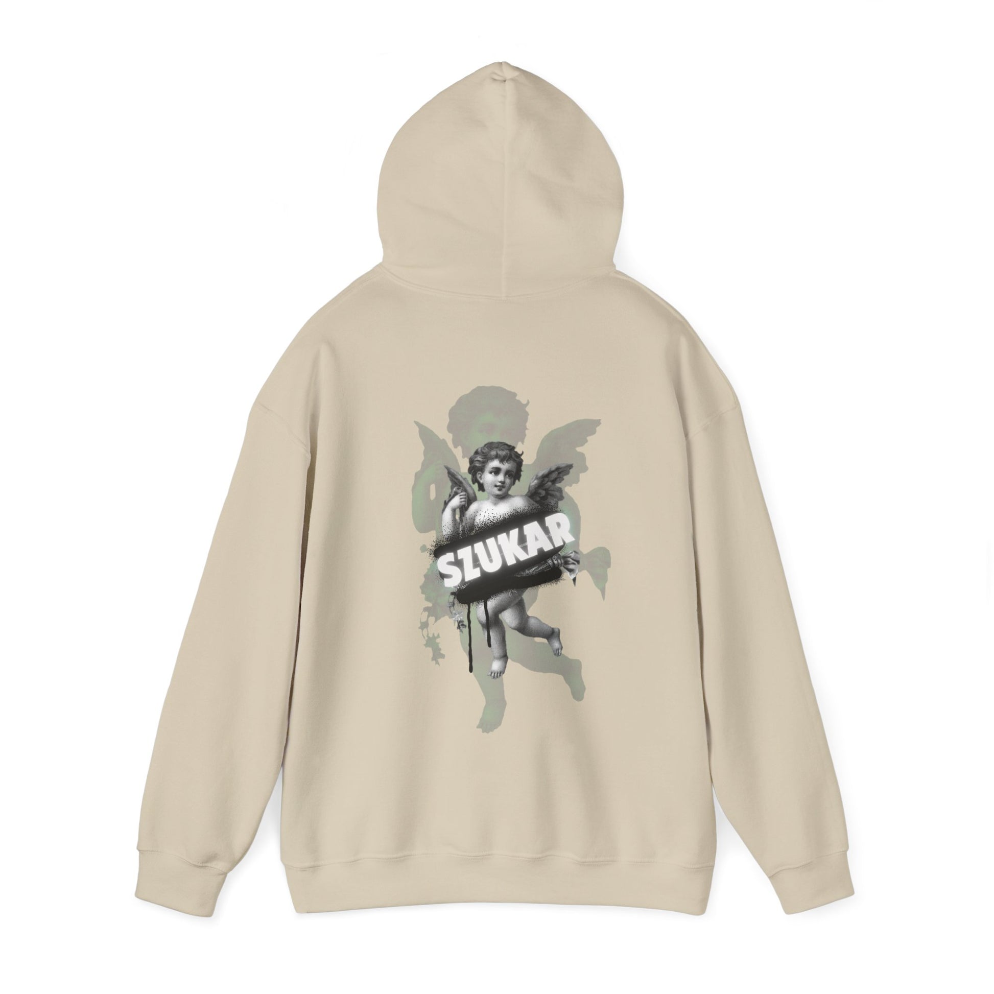 Warm hoodie showcasing a detailed divine angel artwork paired with uppercase SZUKAR lettering.