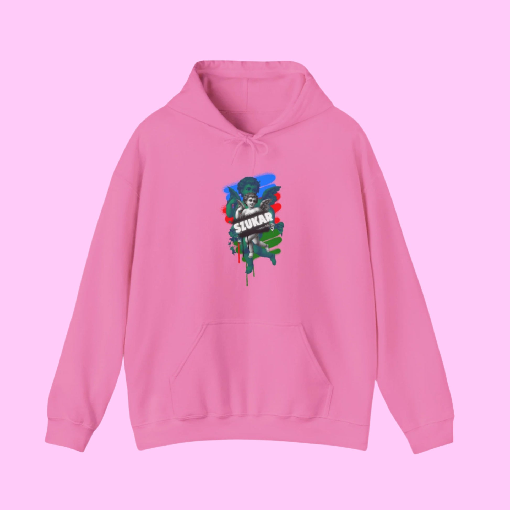 Trendy PINK  hoodie featuring angel design and SZUKAR statement lettering
