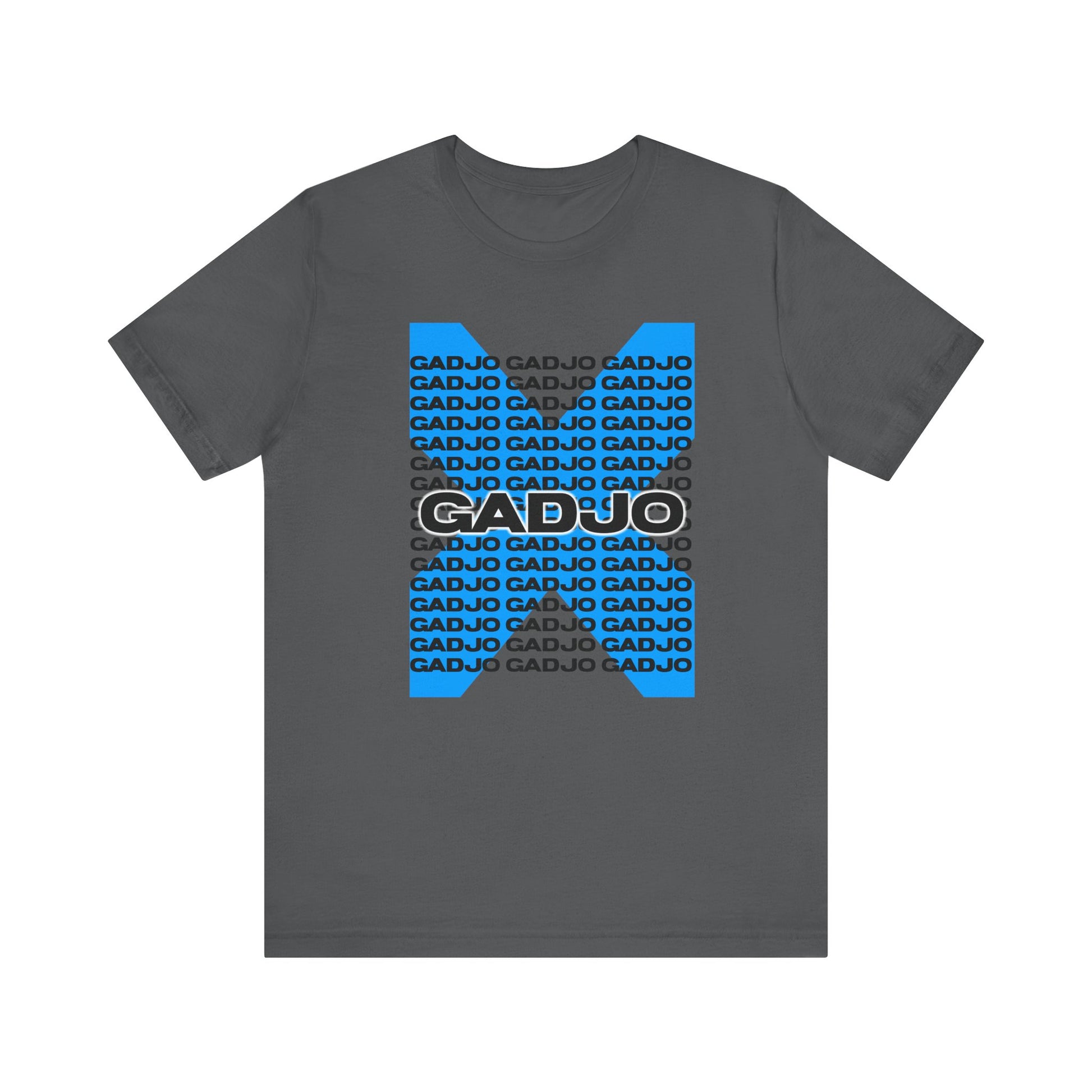 T-shirt featuring GADJO in stencil-style font layered over brushstroke background.