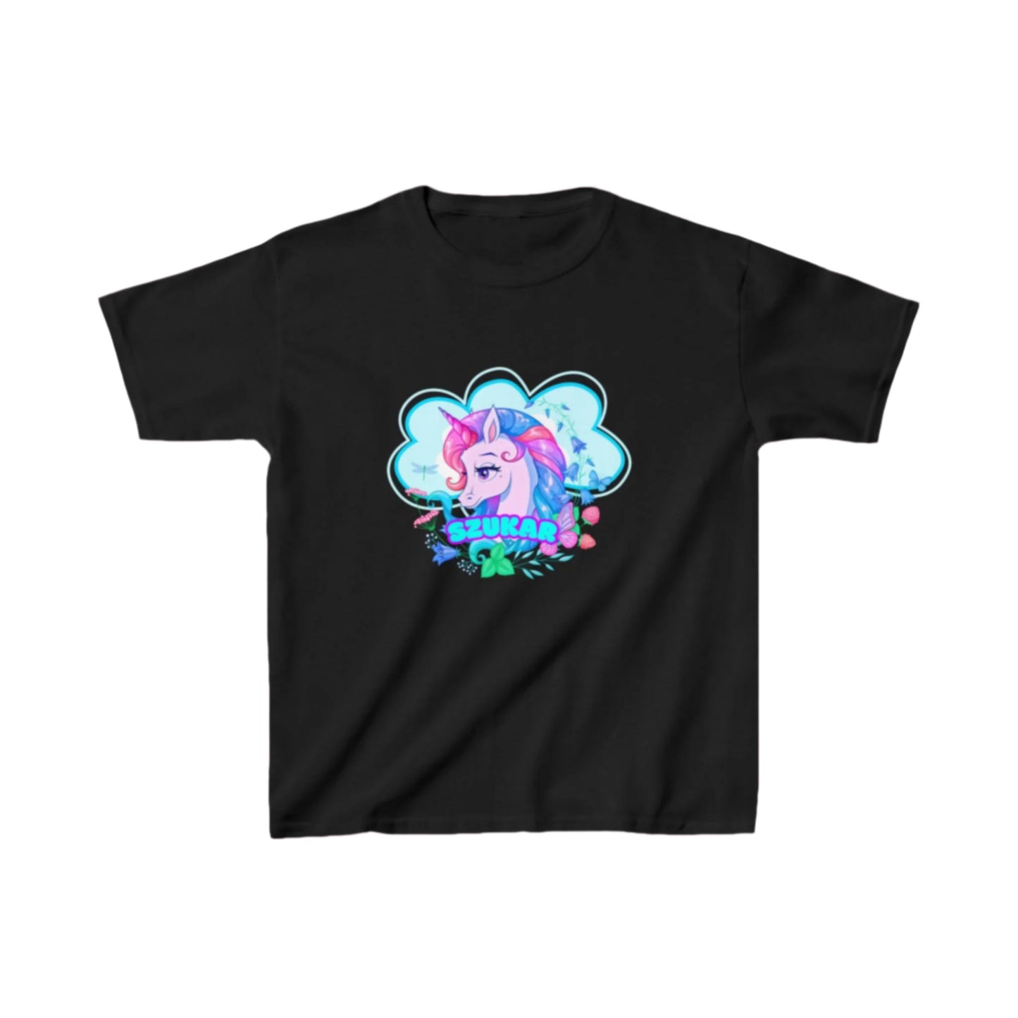 T-shirt design showing a flying unicorn with wings and glittery clouds.