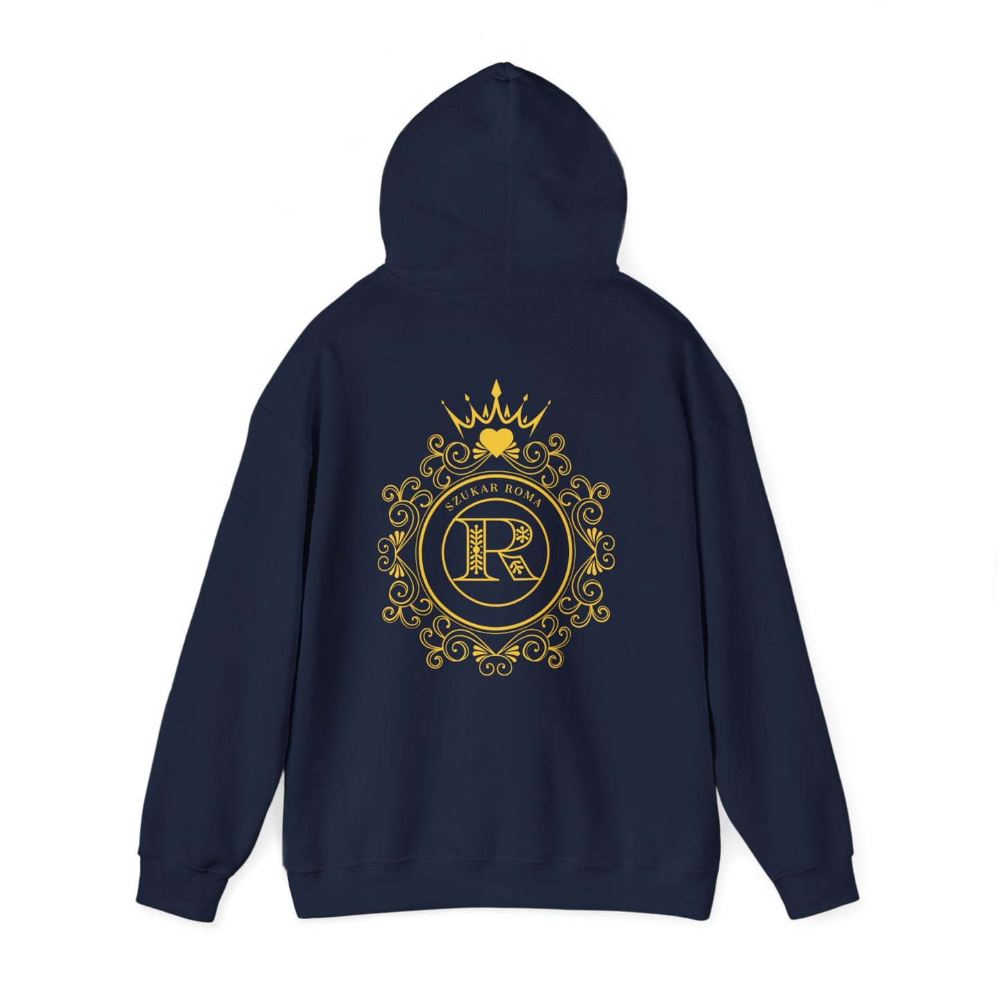 Graphic hoodie featuring a crown-topped R enclosed in a sleek SZUKAR ROMA ring.

