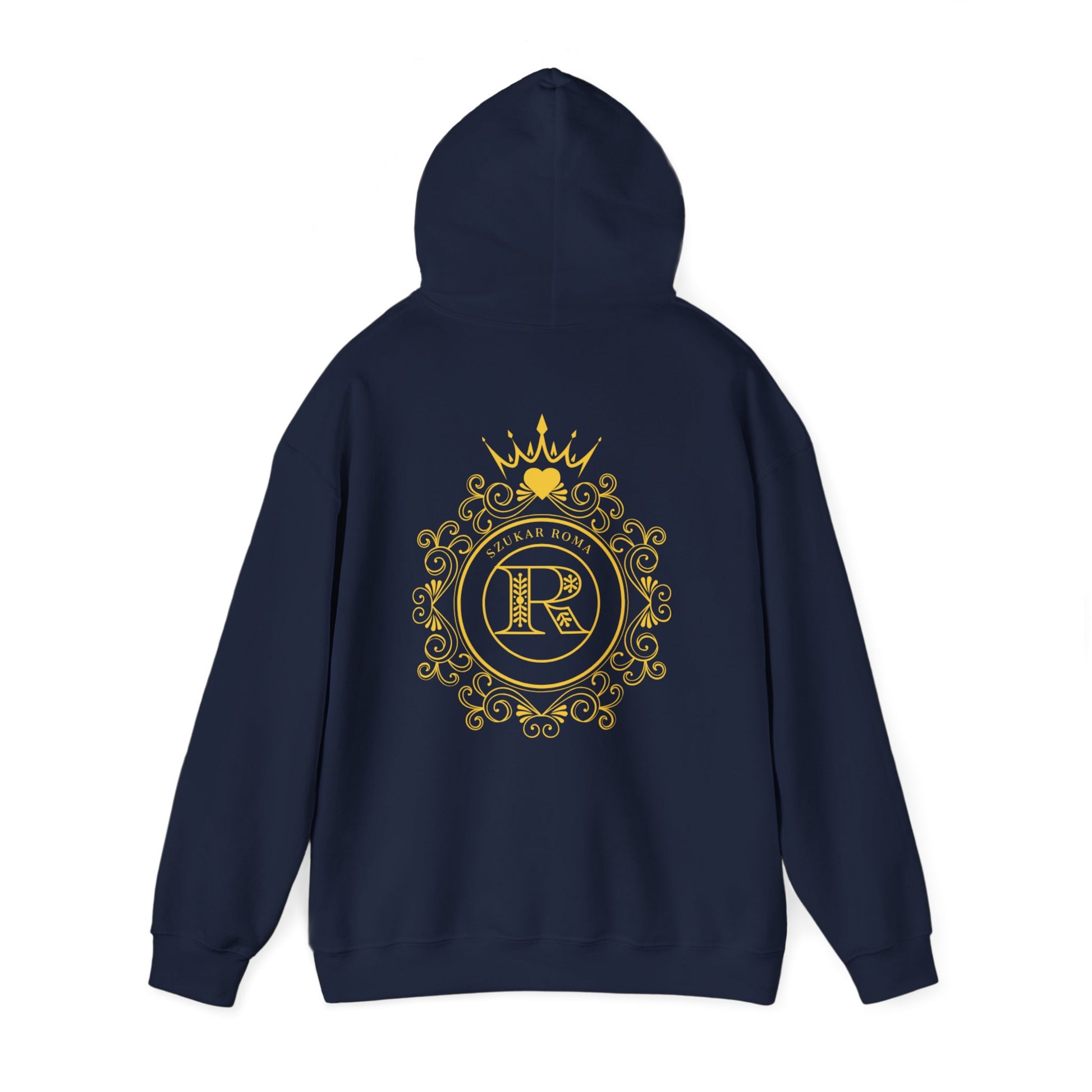 Graphic hoodie featuring a crown-topped R enclosed in a sleek SZUKAR ROMA ring.

