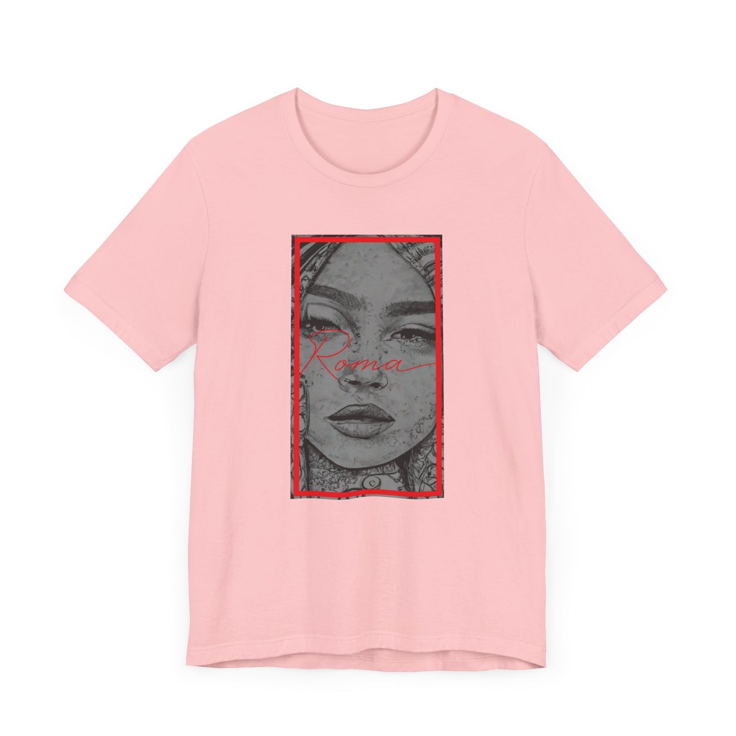 Short sleeve shirt with Roma statue graphic front and center, 'ATTENTION' text layered behind, and 'Roma' placed below the design.