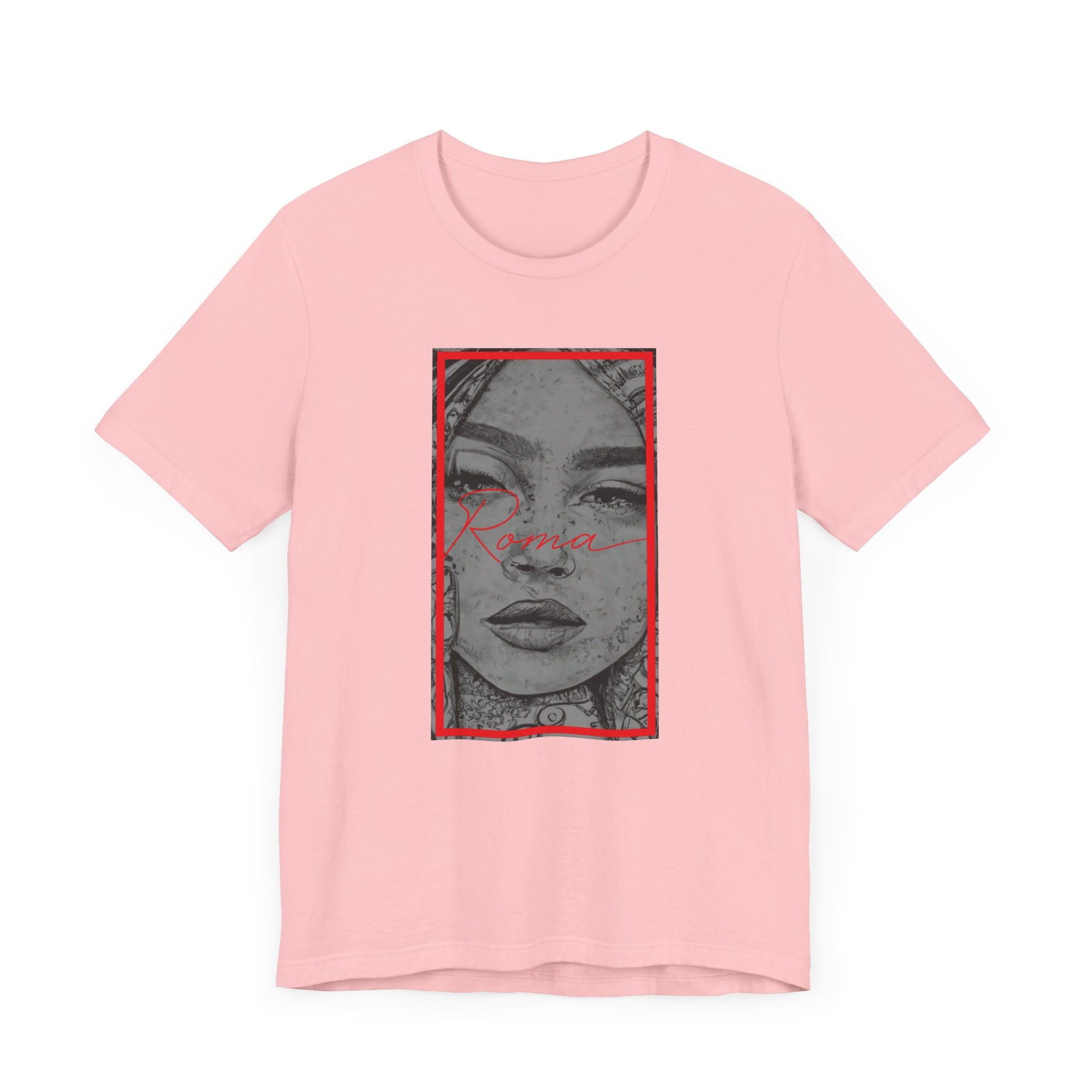 Short sleeve shirt with Roma statue graphic front and center, 'ATTENTION' text layered behind, and 'Roma' placed below the design.