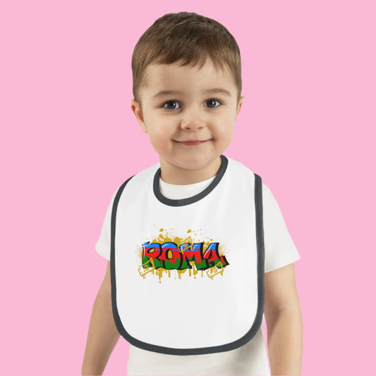 Soft jersey baby bib featuring contrasting trim edges, perfect for stylish and practical mealtime protection.

