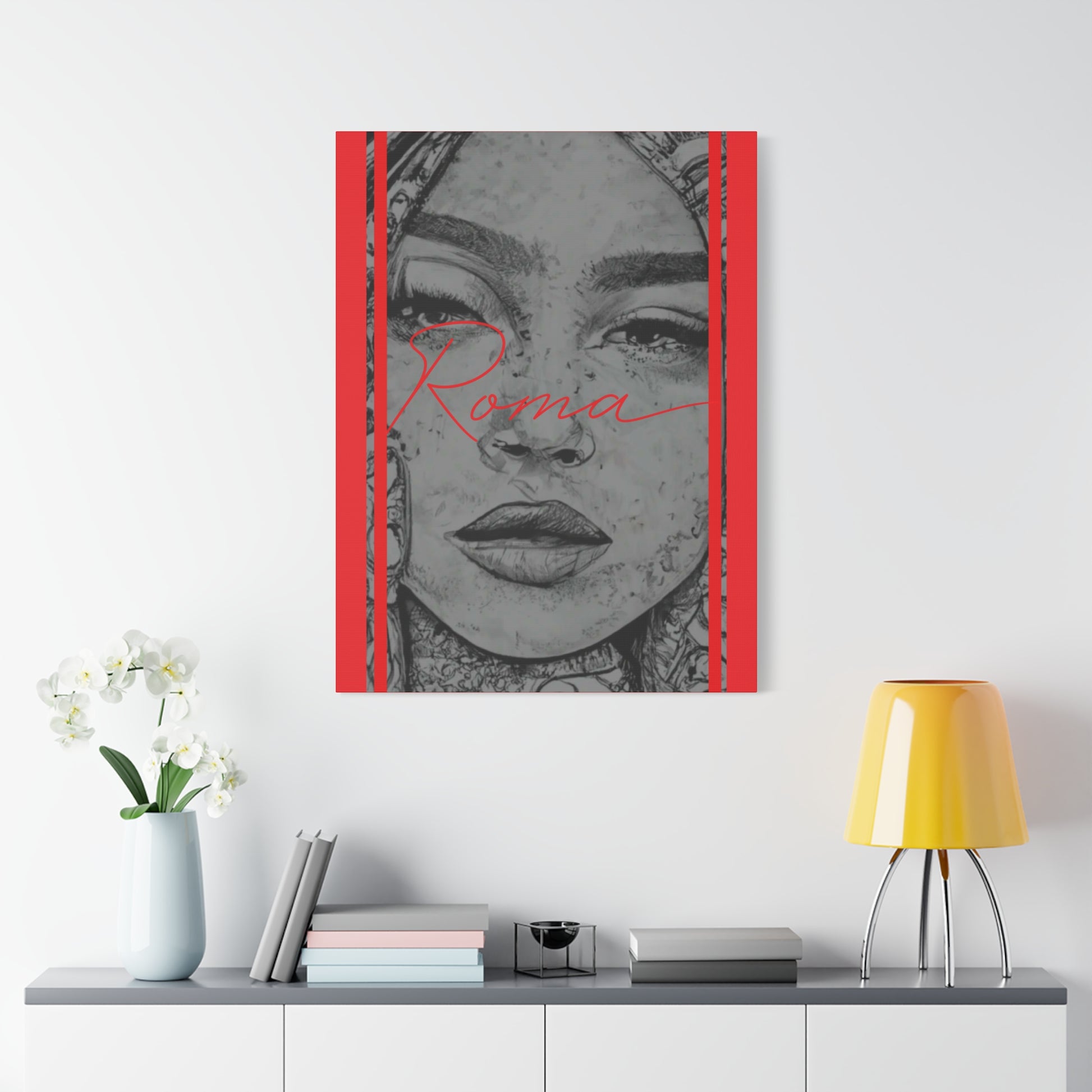 Canvas print showcasing raw emotion with a teary-eyed girl and the bold imprint of ROMA.