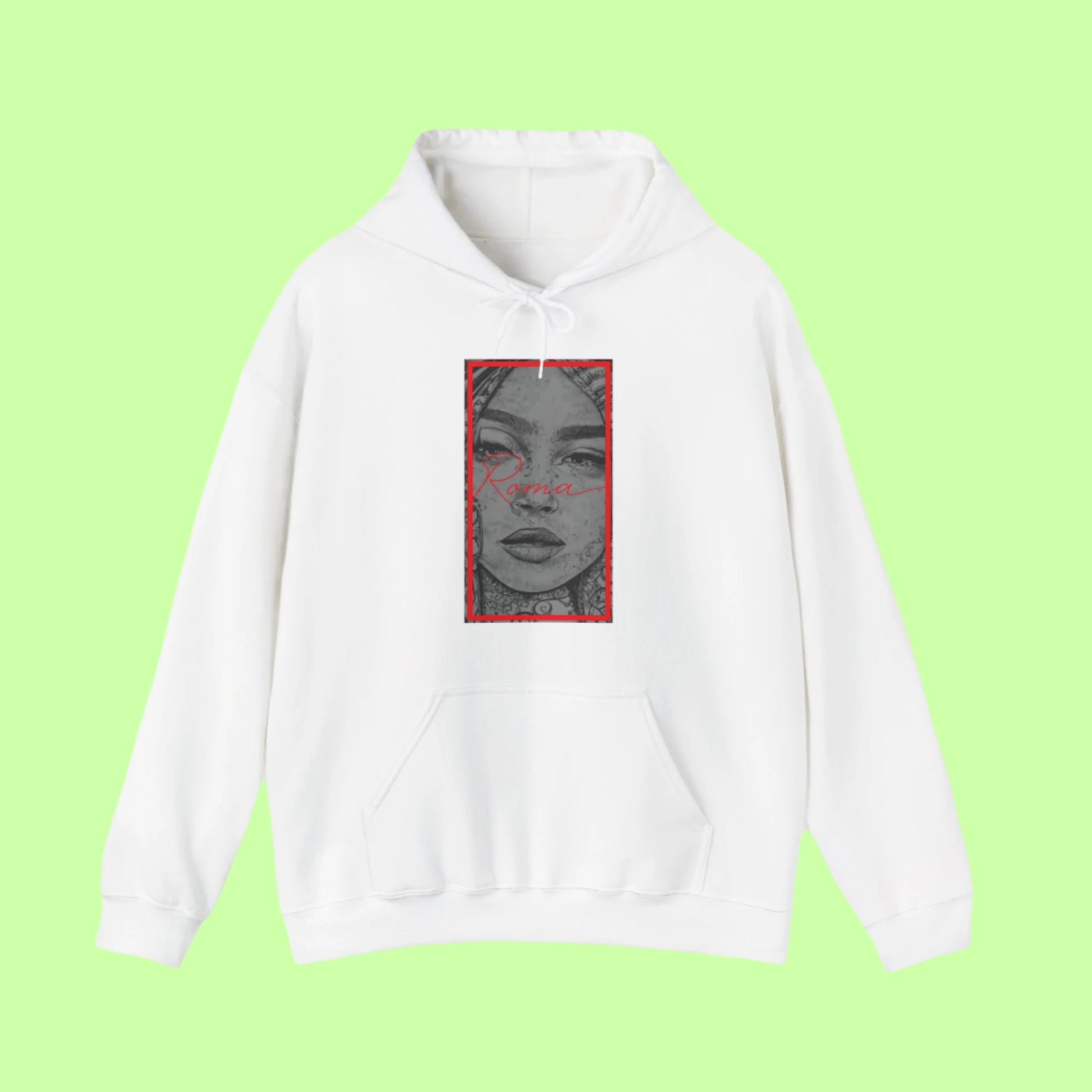 Stylish pullover displaying a close-up image of a girl’s face with a calm, introspective expression.


