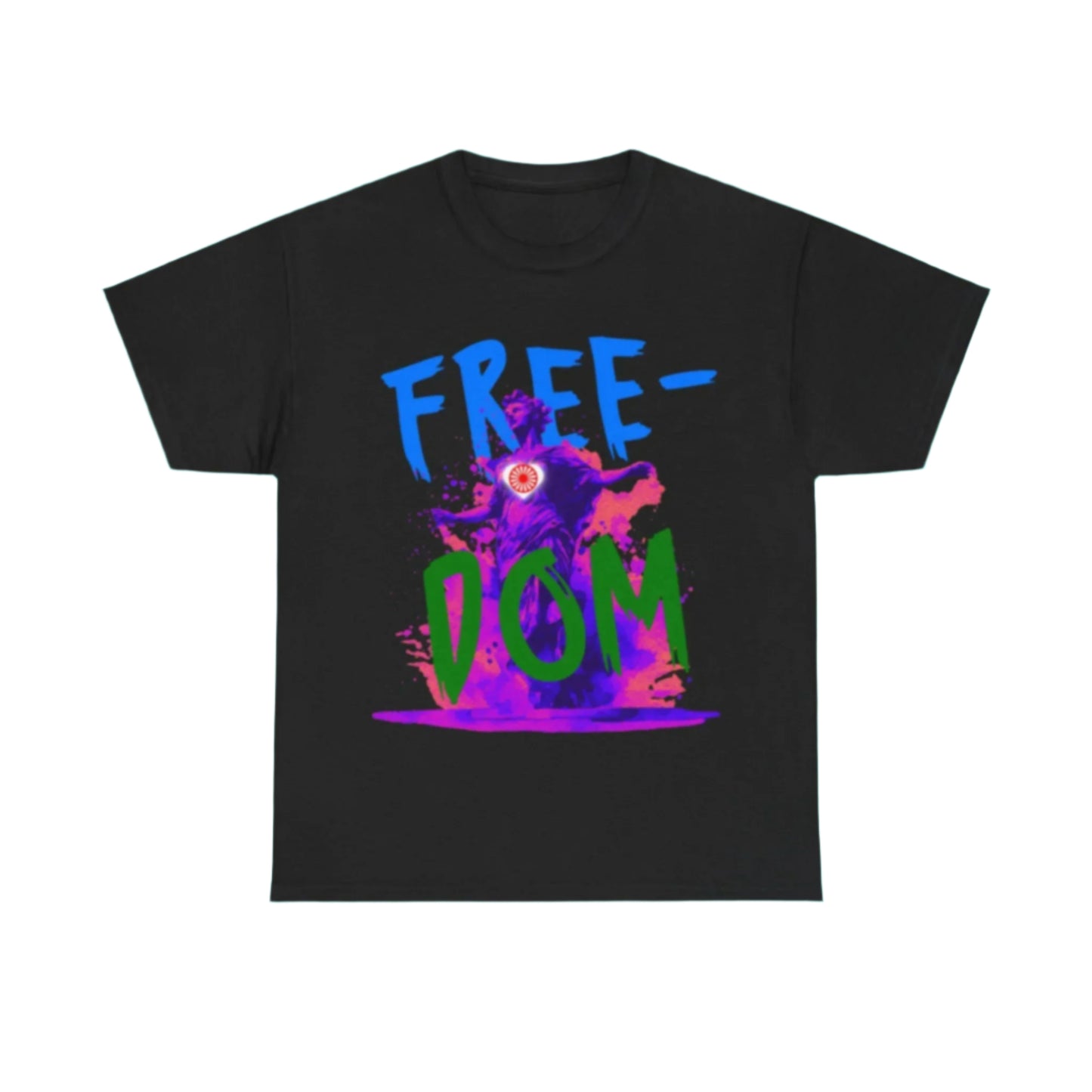 Fashion-forward t-shirt featuring ancient statue design and vertical “FREEDOM” letters.