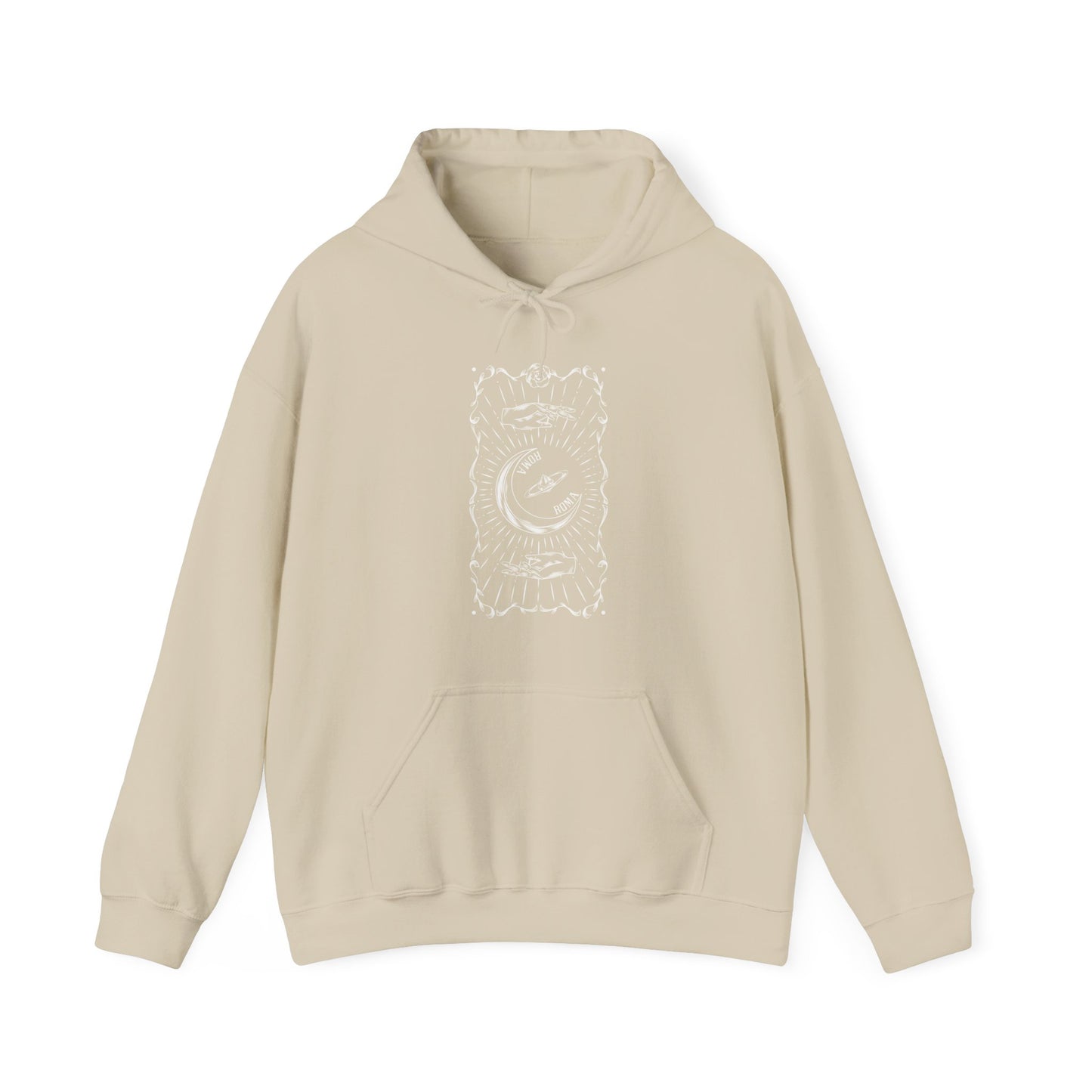 Unisex SAND hoodie showcasing ROMA branding within a crescent moon graphic