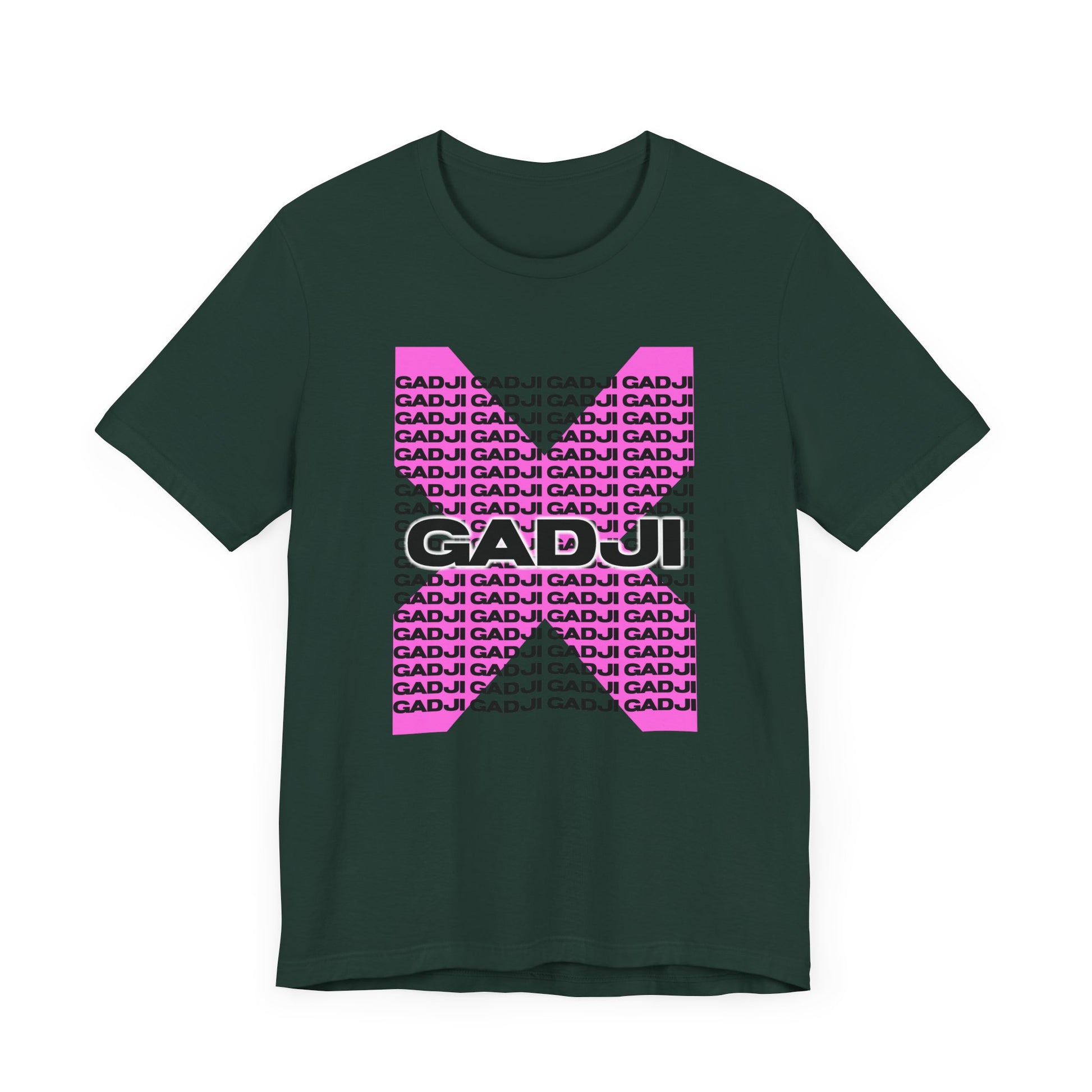 Casual tee featuring GADJI lettering with a shadowed  Roman inscription effect.