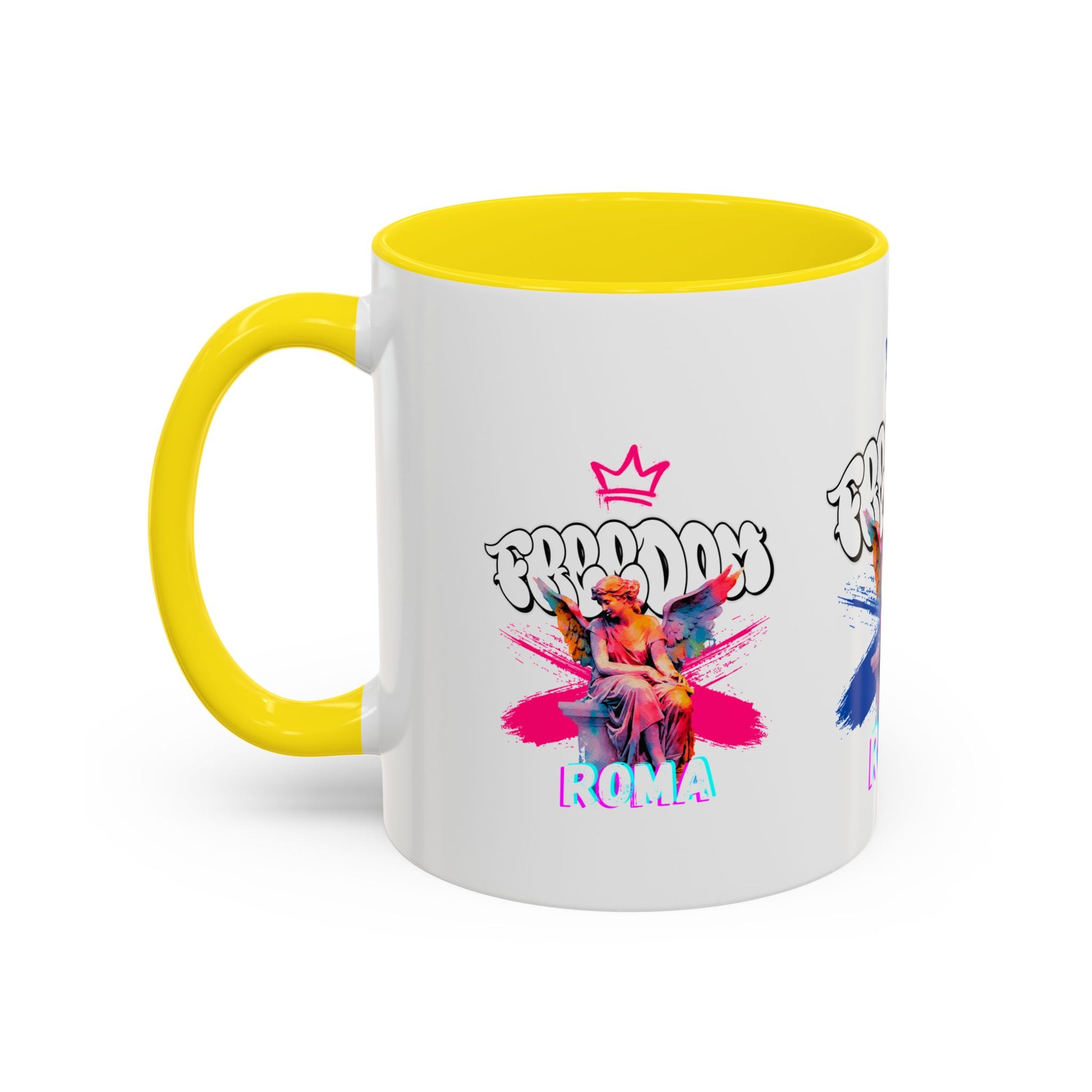 Yellow mug with green handle and rim that changes tone when hot, angel design and ROMA text