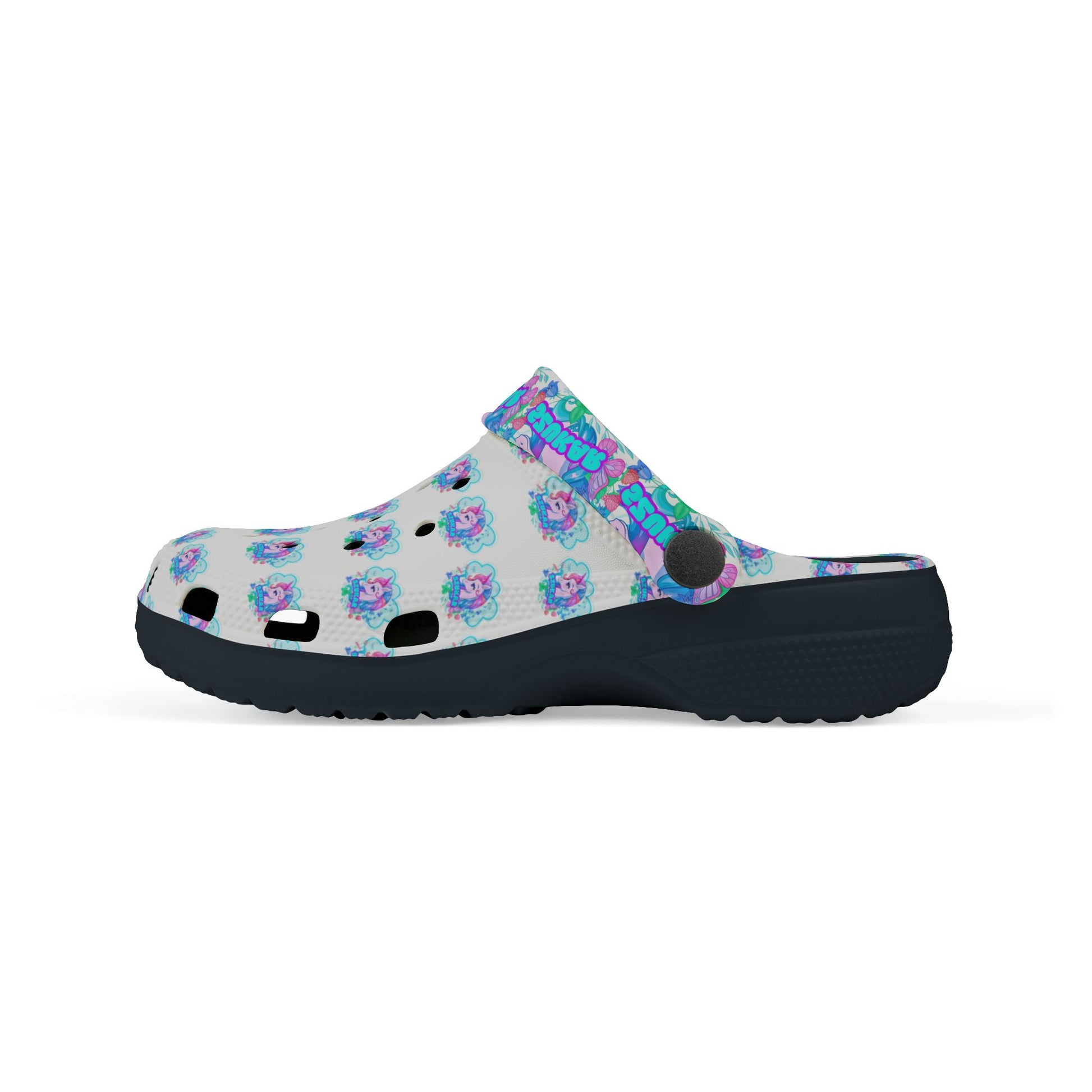 Comfortable Crocs featuring whimsical unicorn prints across the surface.

