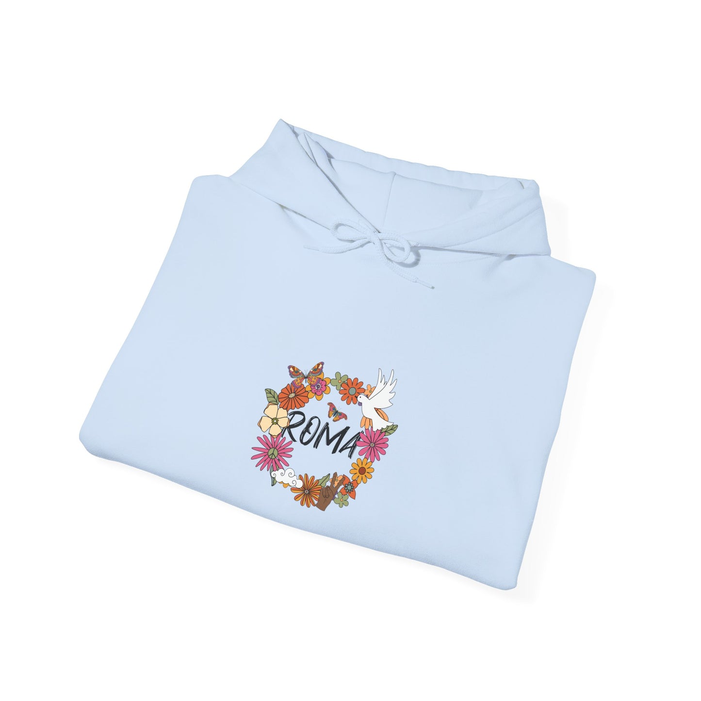 Relaxed fit hoodie adorned with a flower wreath encircling a dove, with “ROMA” text elegantly inside the circle.
