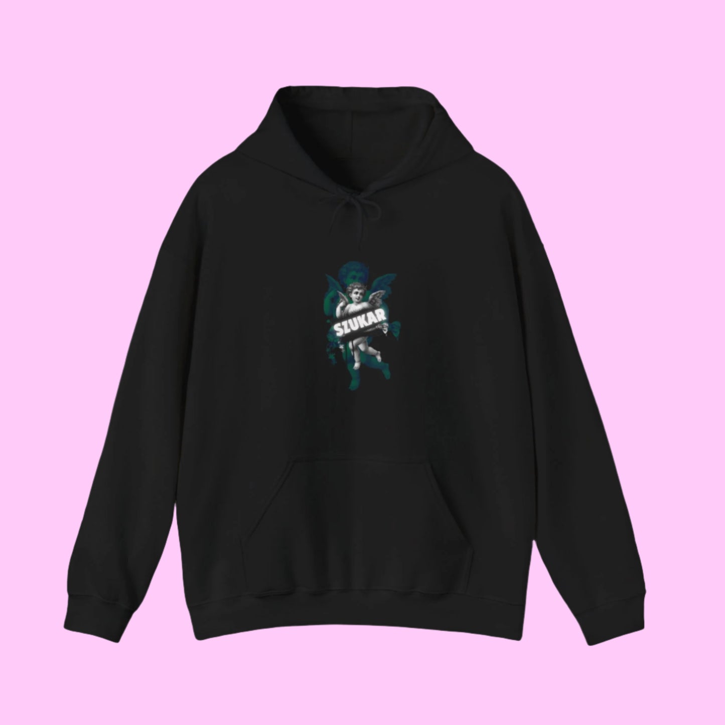 Stylized hoodie with spiritual angel sketch and front-facing SZUKAR lettering.