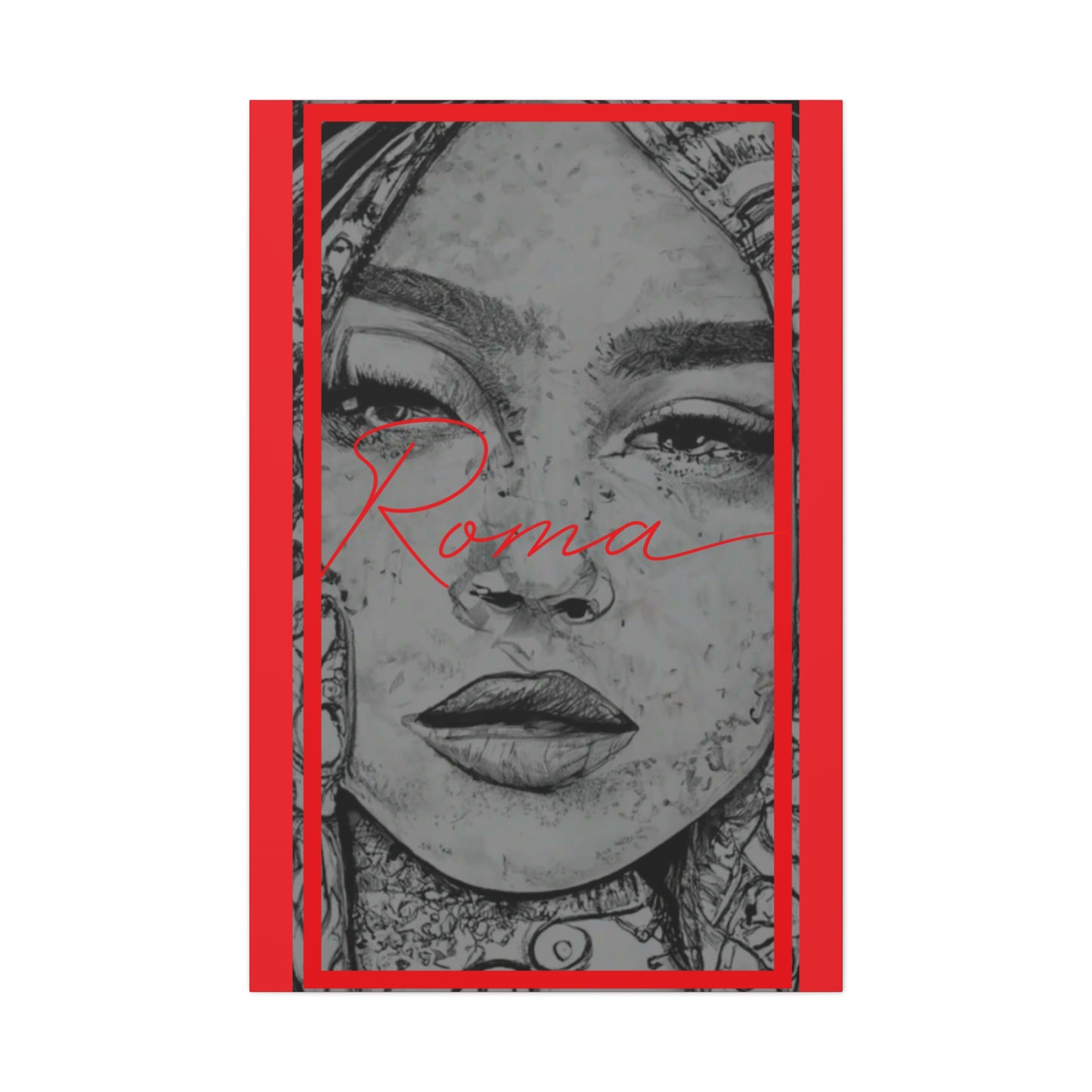 Close-up portrait canvas where the girl's glossy eyes meet the viewer’s gaze, contrasted by the striking ROMA typography.