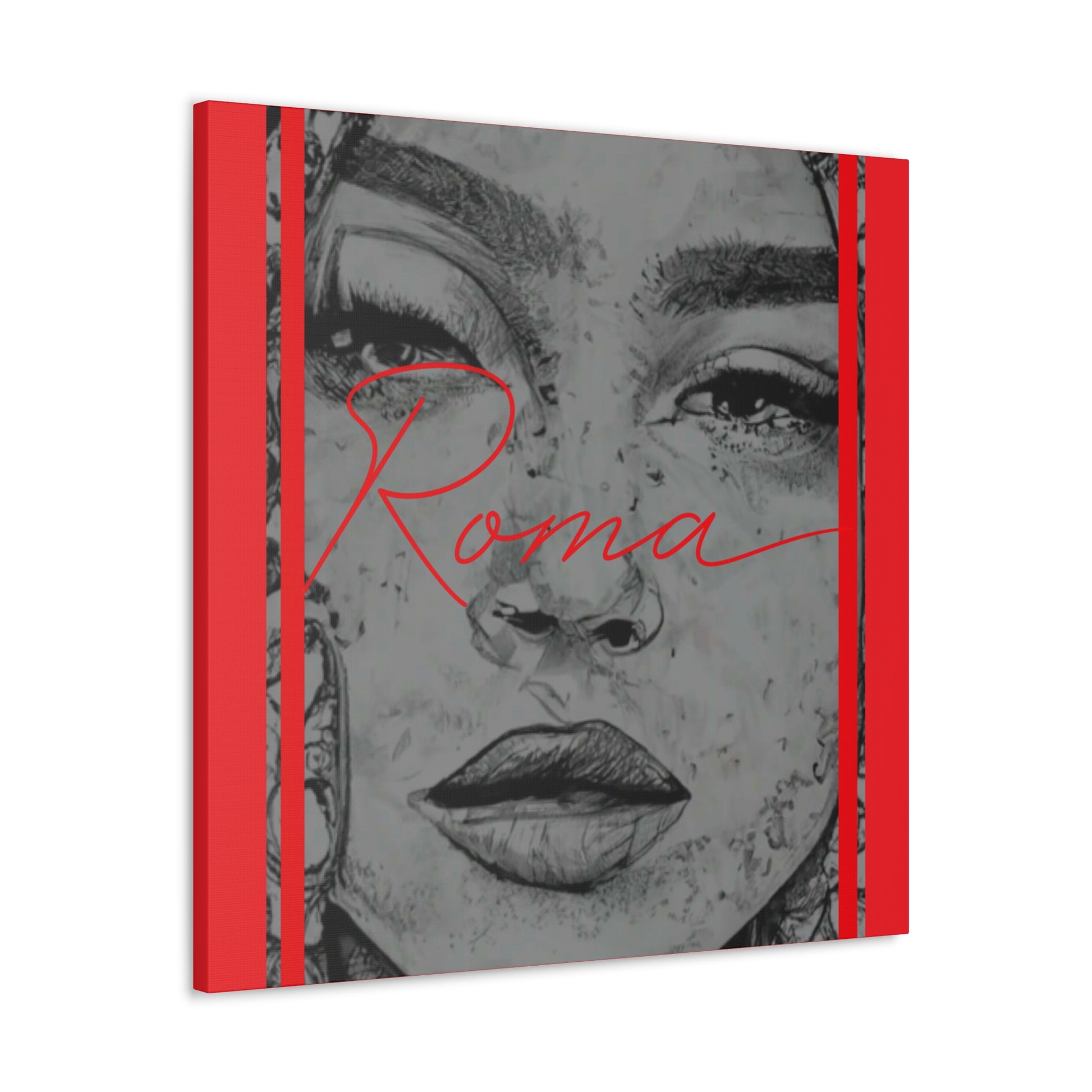 Teardrop-kissed girl’s face captured in fine canvas detail, with the word ROMA blending seamlessly into the background.