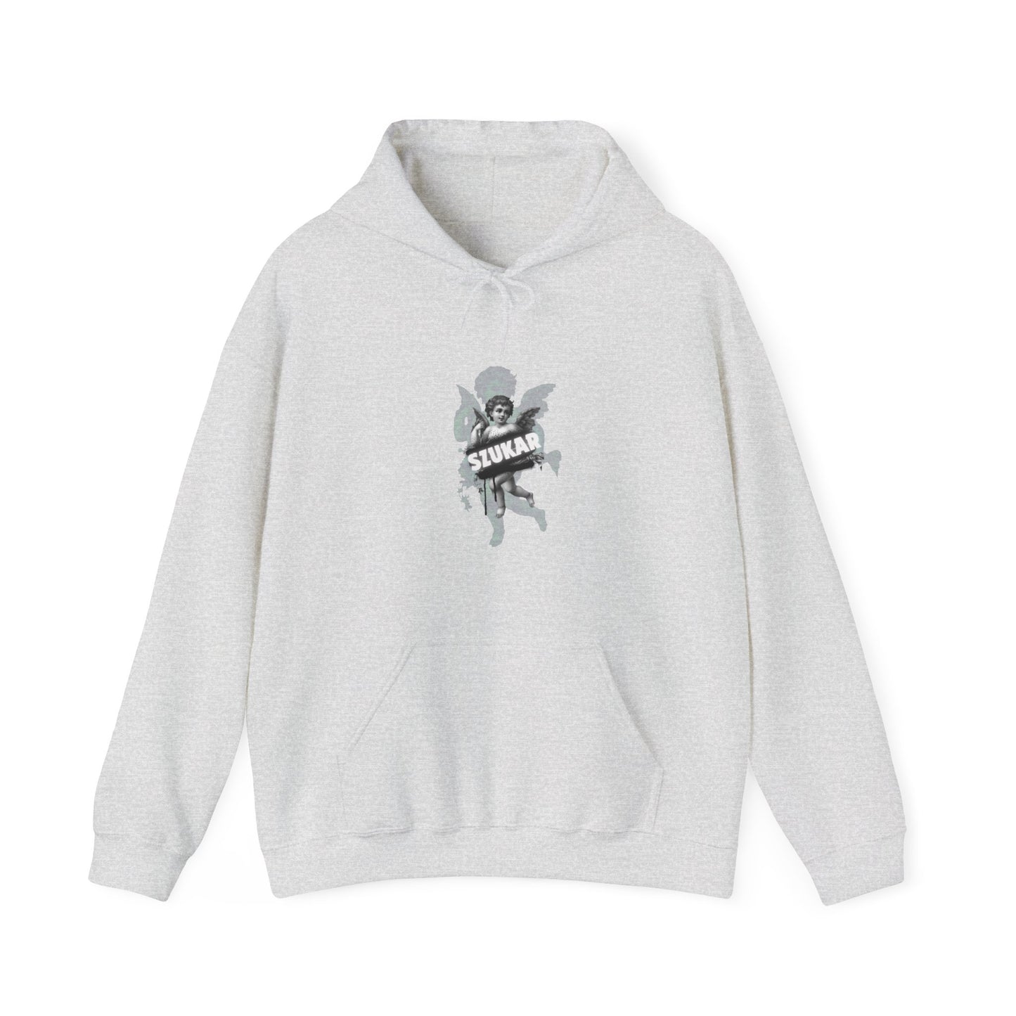 Fashion-forward hoodie with majestic angel art and vertical SZUKAR print.