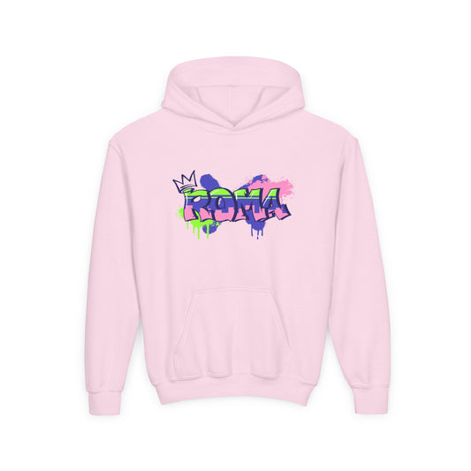 Comfortable hoodie for kids with large ROMA lettering, designed for everyday wear.