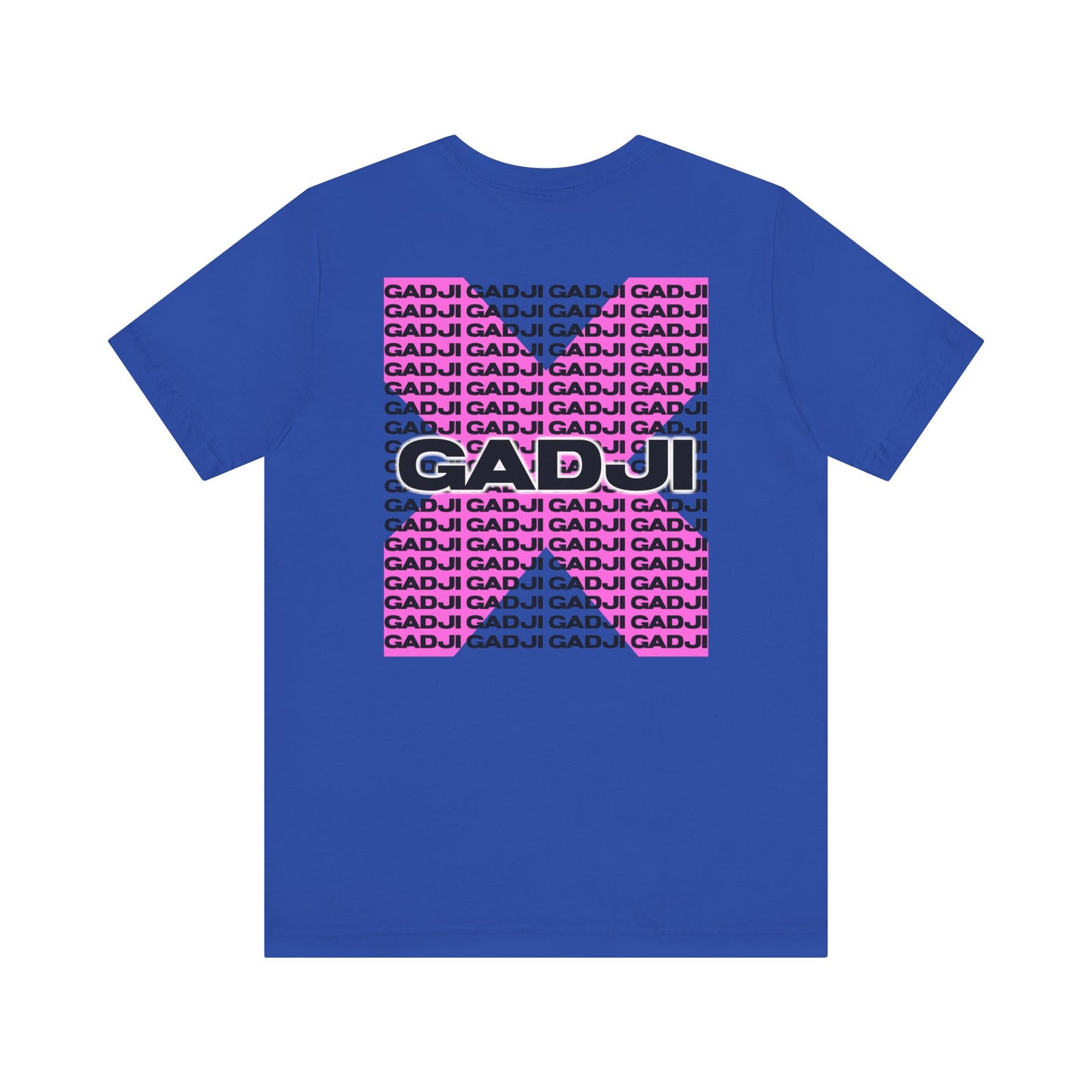 Midnight blue short sleeve t-shirt with GADJI text surrounded by Roman laurel wreath graphics.
