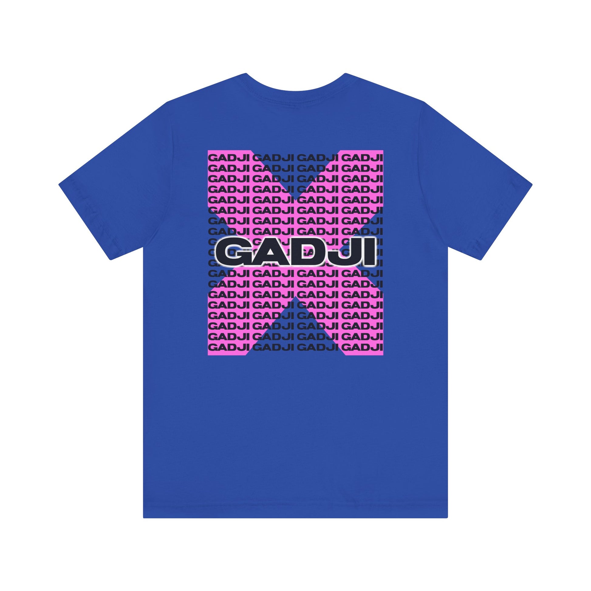 Midnight blue short sleeve t-shirt with GADJI text surrounded by Roman laurel wreath graphics.